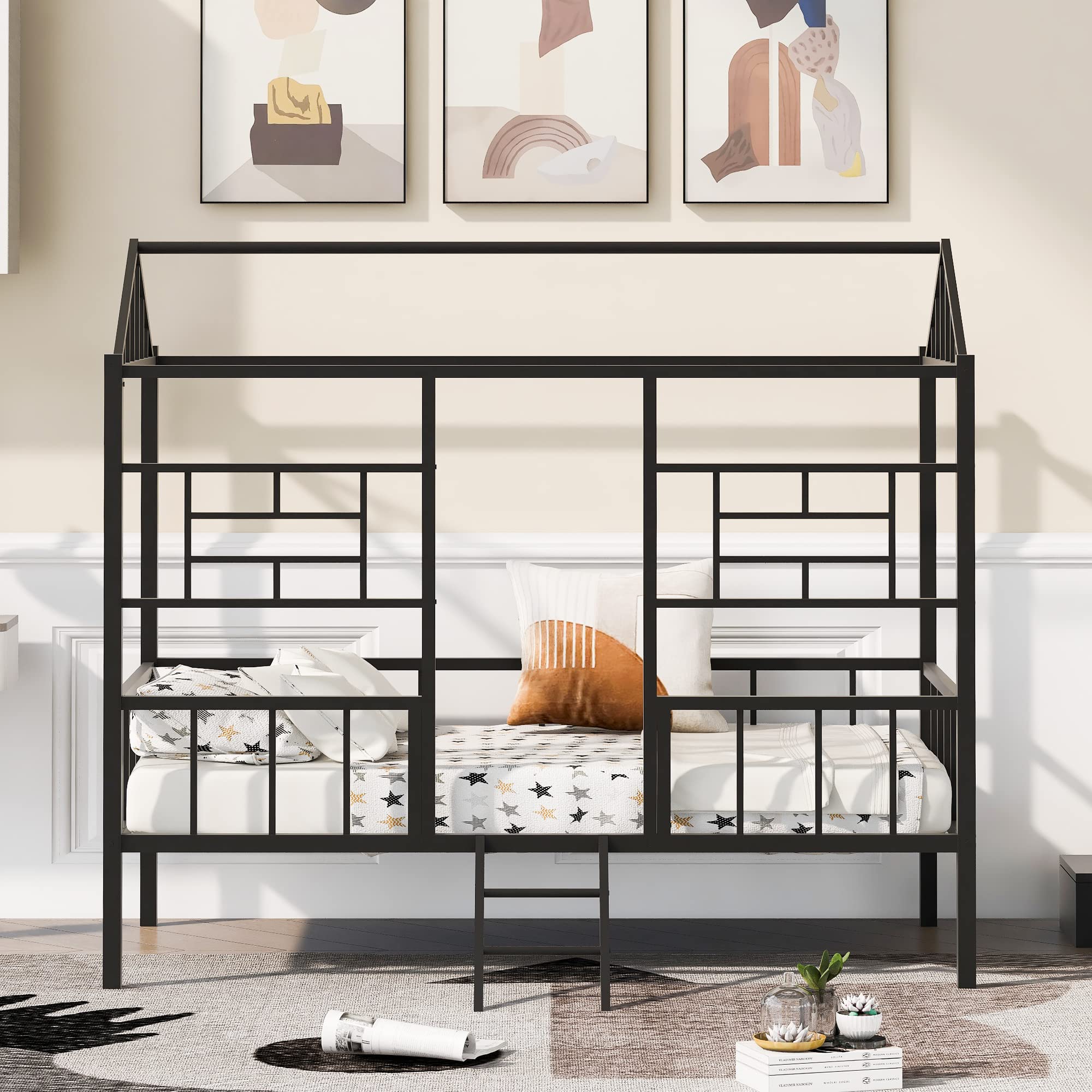 **MERITLINE Twin Size Metal House Bed Frame for Kids - No Box Spring Needed, Sturdy Platform Bed for Boys & Girls in Black - Perfect for Bedrooms, Playrooms & Sleepovers**