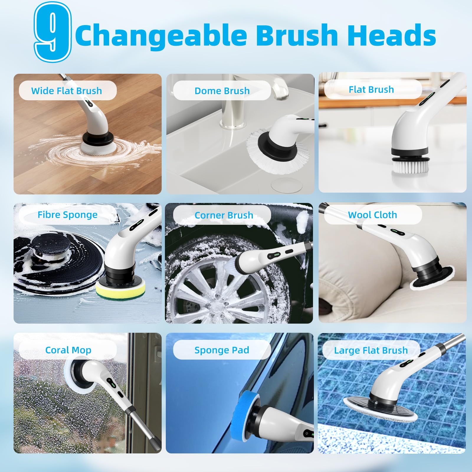 Cordless Electric Spin Scrubber with 9 Brush Heads - Powerful Cleaning Brush for Bathroom, Shower, Bathtub, Tile & Car - Long Handle Rechargeable Scrubber for Deep Cleaning (Perfect for Grout, Hard Water Stains & Tough Soap Scum Removal)