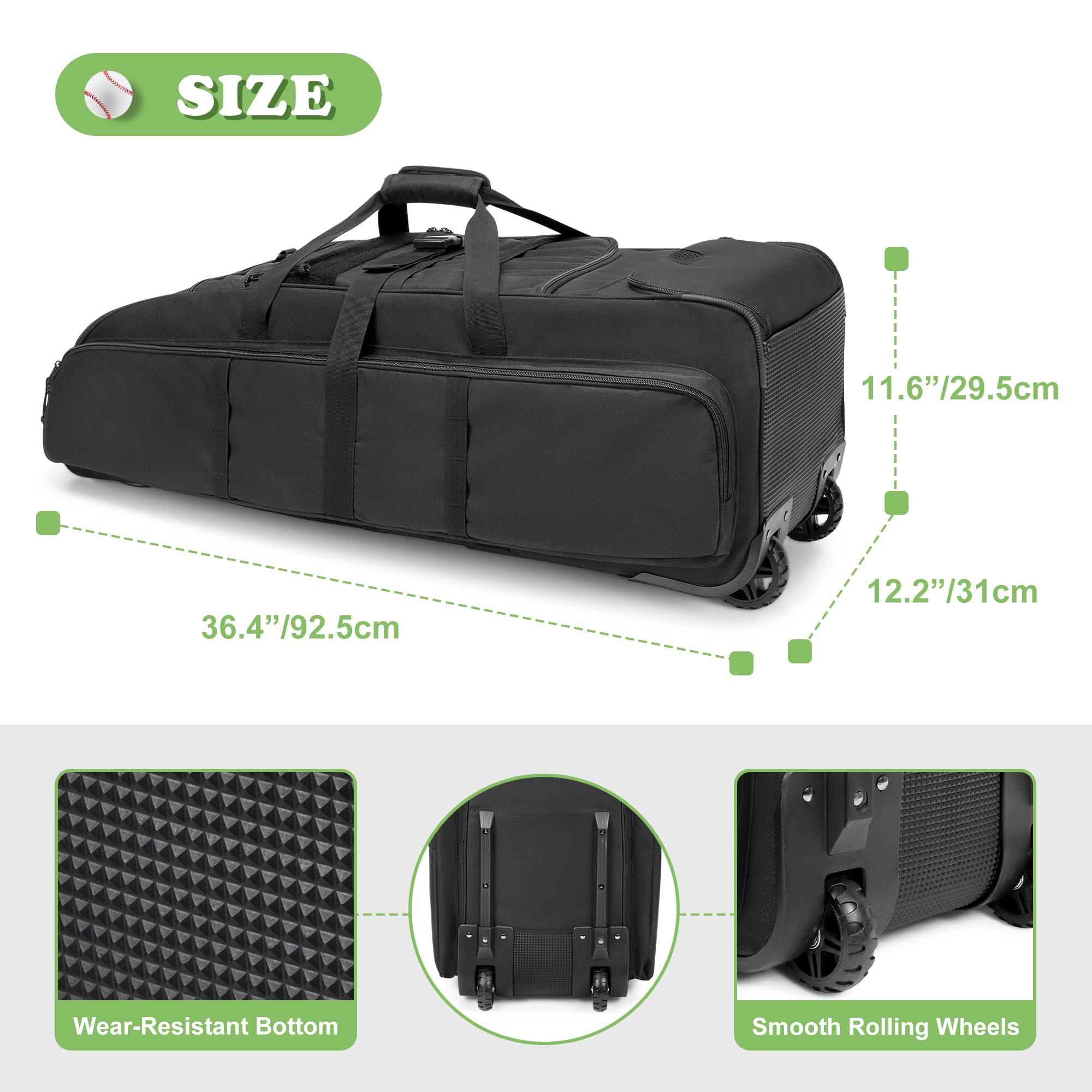DSLEAF Rolling Baseball Bag with Wheels - Large Wheeled Softball Catchers Equipment Bag Holds 4 Bats, Separate Shoe Compartment & Multiple Pockets - Perfect for Baseball/Softball Practice, Games & Travel