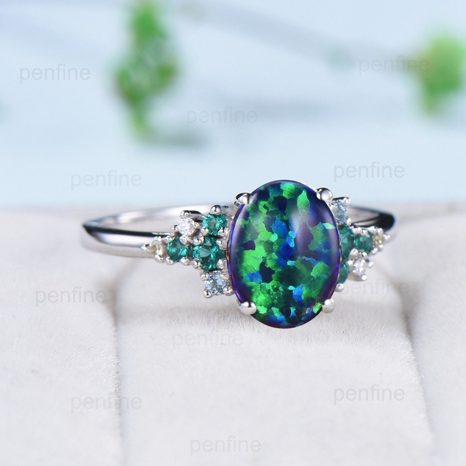 2 Carat Oval Black Opal Engagement Ring - Vintage Unique Snowdrift Emerald Wedding Ring for Women, Multi Stone Topaz Peridot Anniversary Ring - Perfect for Proposals, Weddings & Special Occasions