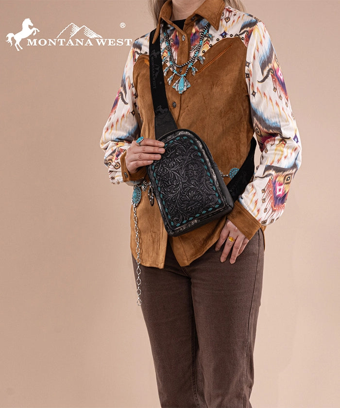 Montana West Tooled Leather Concealed Carry Sling Bag for Men & Women - Crossbody Shoulder Bag with Hidden Gun Pocket - Perfect for Hiking, Travel & Everyday Use