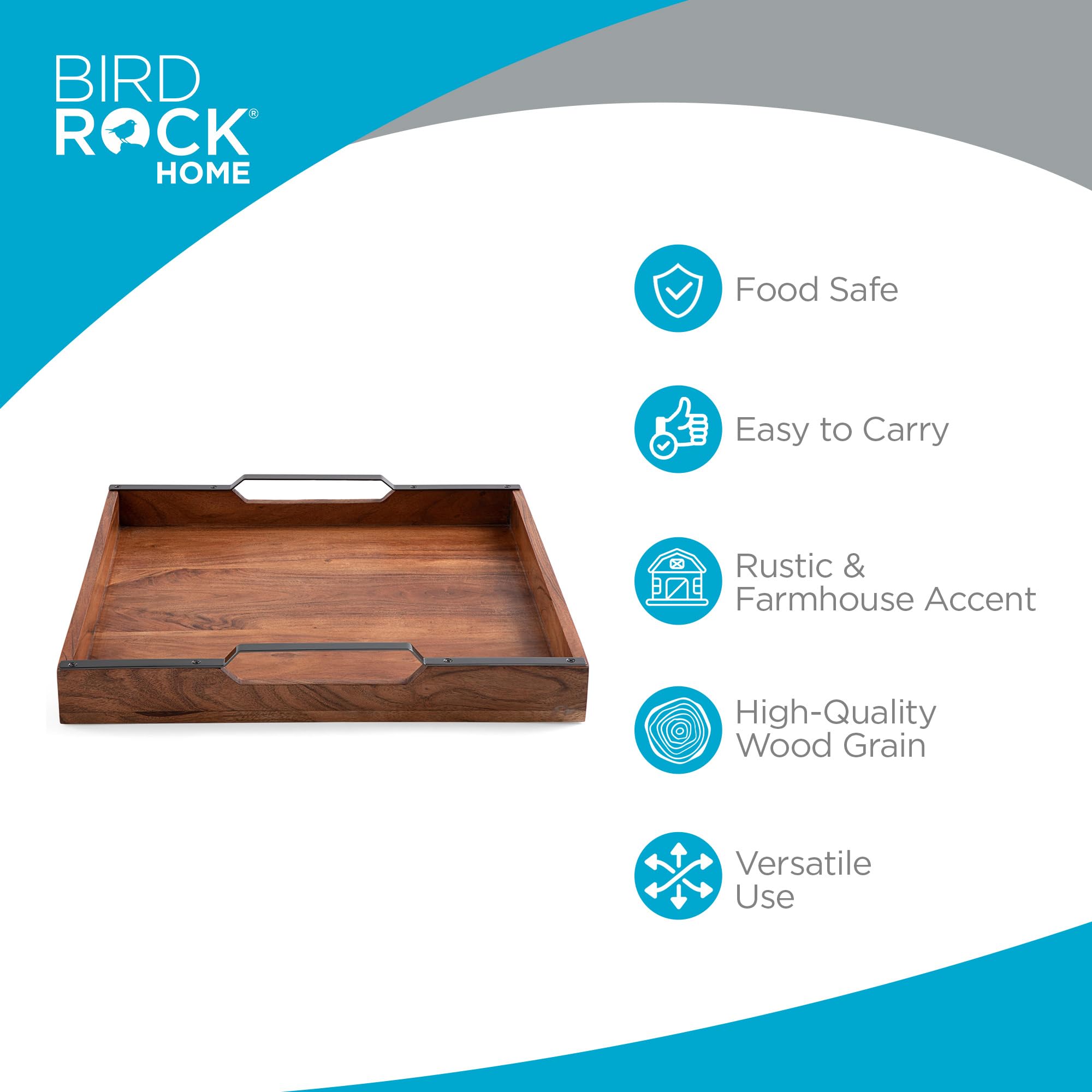 BIRDROCK HOME Acacia Wood Serving Tray with Handles - Farmhouse Style Square Wooden Tray for Breakfast, Tea, Cheese & Coffee - Natural Kitchen & Bar Decor - Perfect for Dining, Entertaining & Home Decor
