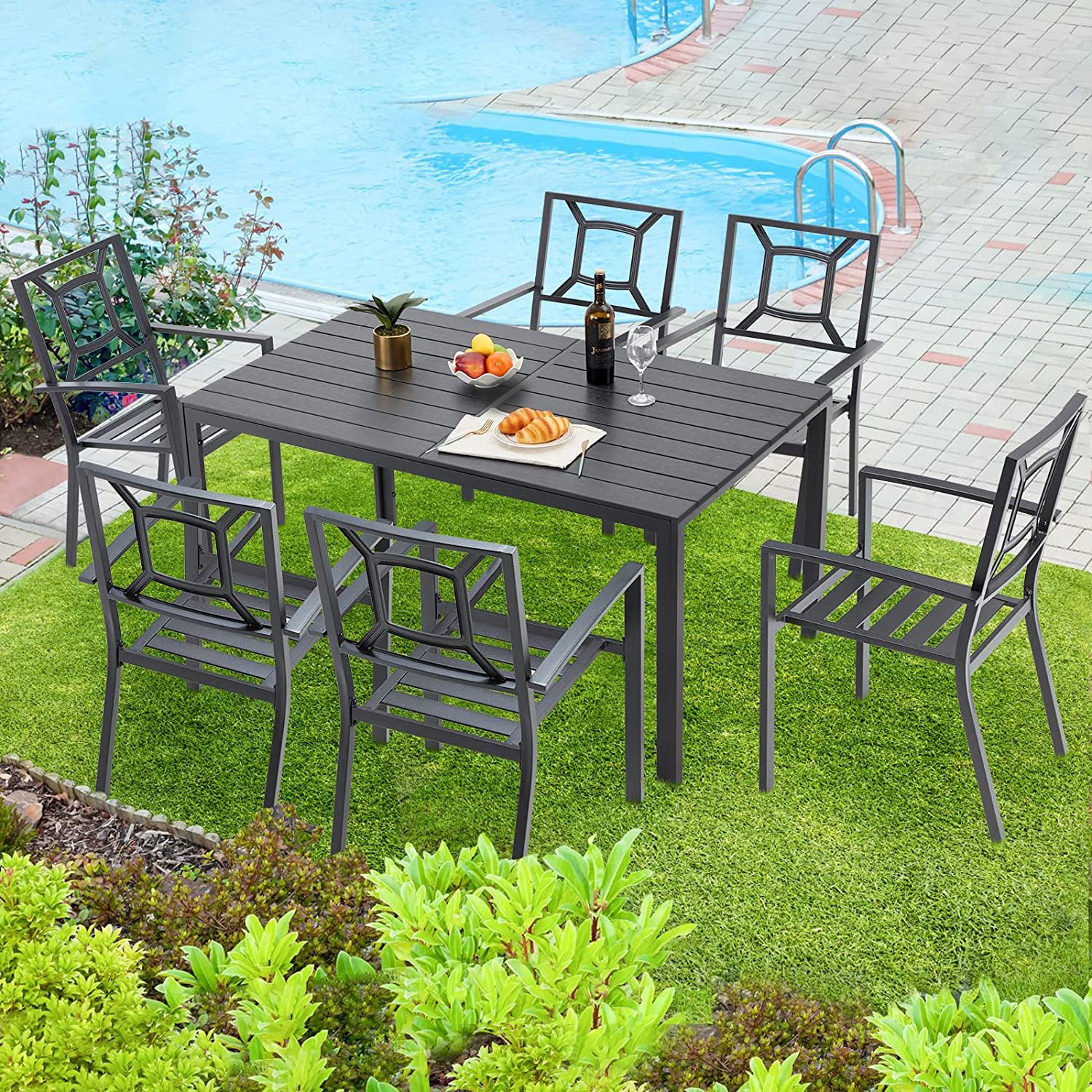 AECOJOY 7-Piece Outdoor Dining Set - Durable Aluminum Patio Table & 6 Stackable Metal Chairs for Garden, Backyard, Deck - Weather-Resistant Matte Black - Perfect for BBQs, Poolside Gatherings & Outdoor Entertaining