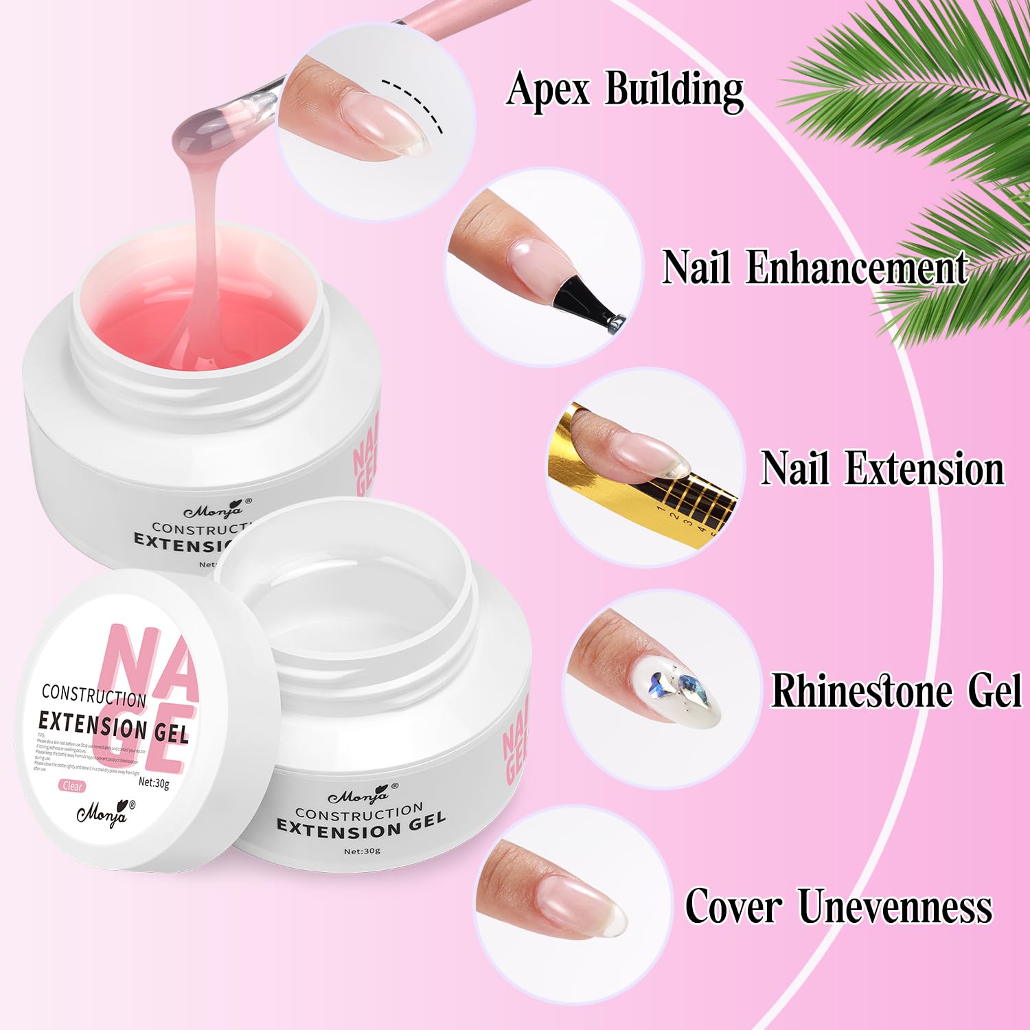 Monja Builder Nail Gel Kit - Clear Pink UV Gel Set for Nail Extension & Manicure - DIY Home & Salon Use