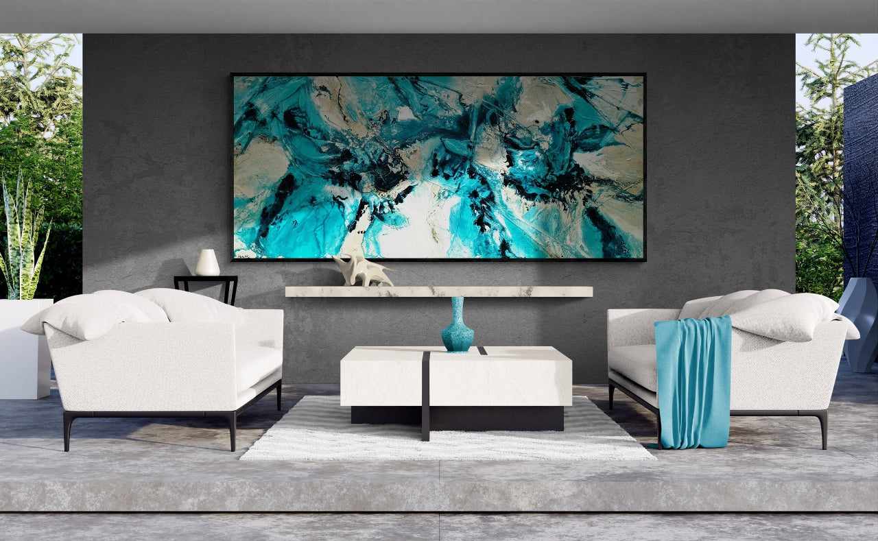 270cm x 120cm Cream Teal Textured Abstract Wall Art Painting - Handmade Canvas Artwork for Living Room, Bedroom & Office Decor | Modern Home Decoration