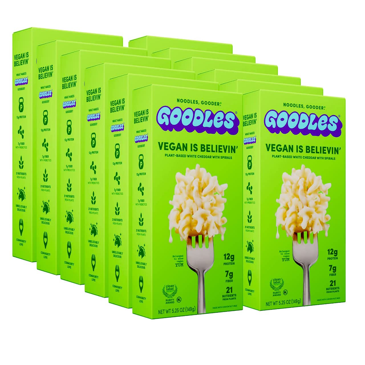 Goodles Vegan Is Believin’ Mac & Cheese 12-Pack (5.25oz Each) - High Protein (12g), Fiber (7g) with Prebiotics, 21 Essential Nutrients - Kosher & Clean Label Certified - Perfect for Quick Vegan Meals & Healthy Family Dinners