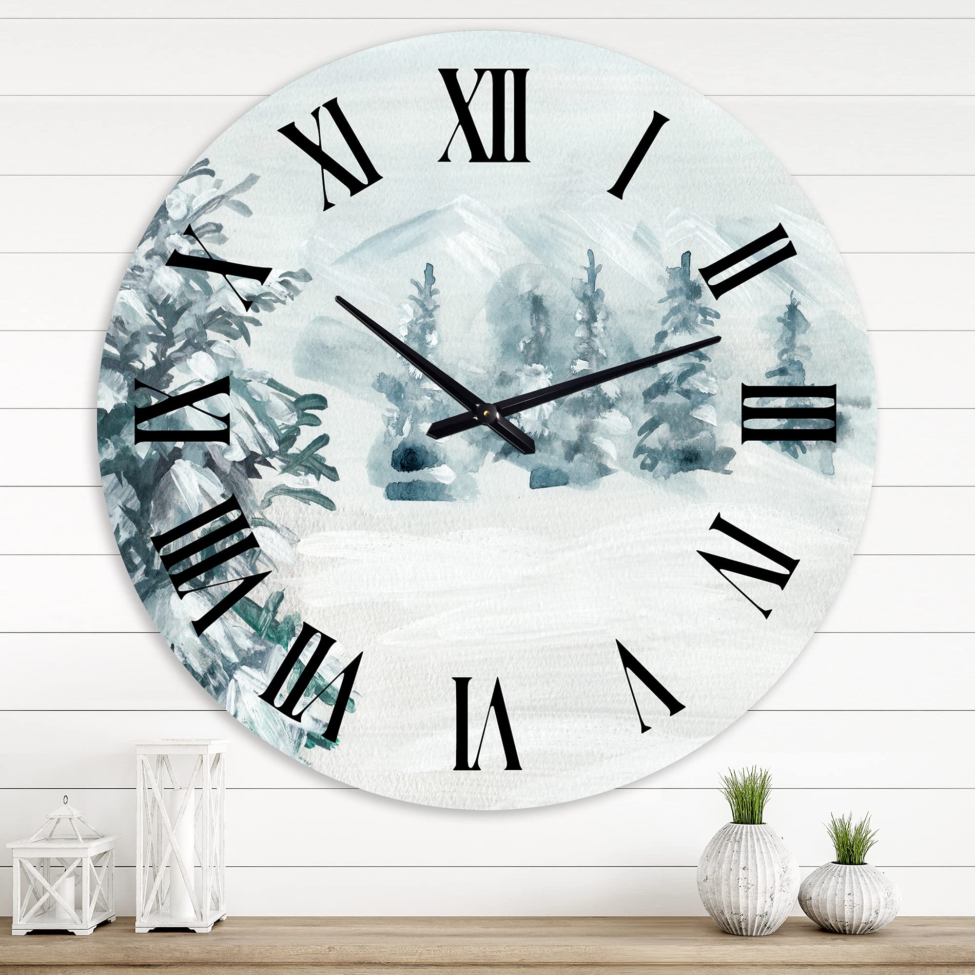 DesignQ Traditional Wall Clock 'Snowy Pine Trees' - Large Landscape Nature Wall Clock for Home, Office & Living Room Decor - Perfect for Rustic, Farmhouse & Modern Interiors