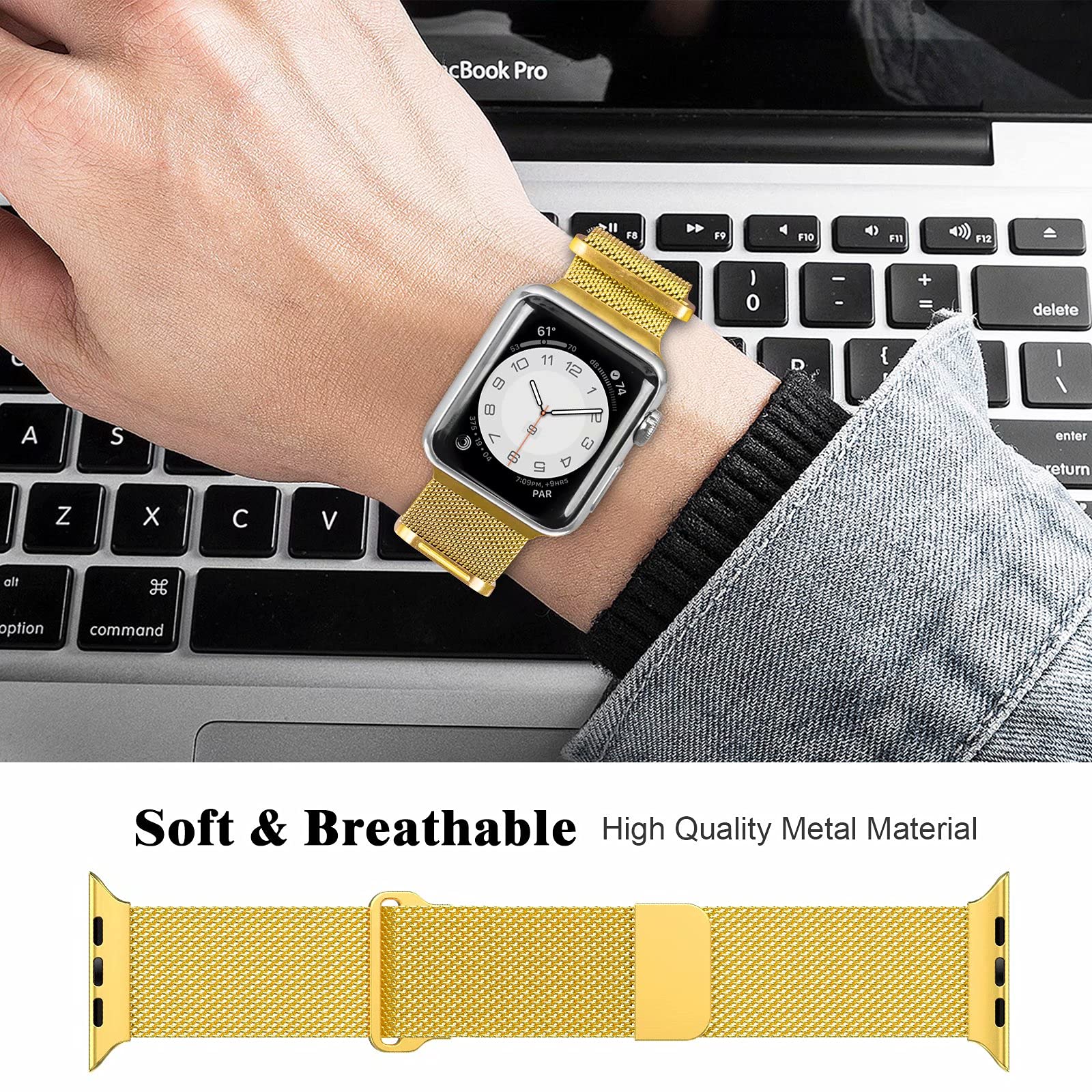 Premium Stainless Steel Milanese Loop Band for Apple Watch 42mm - Magnetic Closure Replacement Strap Compatible with iWatch Series 10/9/8/7/6/5/4/3/2/1 & SE - Gold (Men & Women) - Perfect for Workouts, Office & Everyday Wear