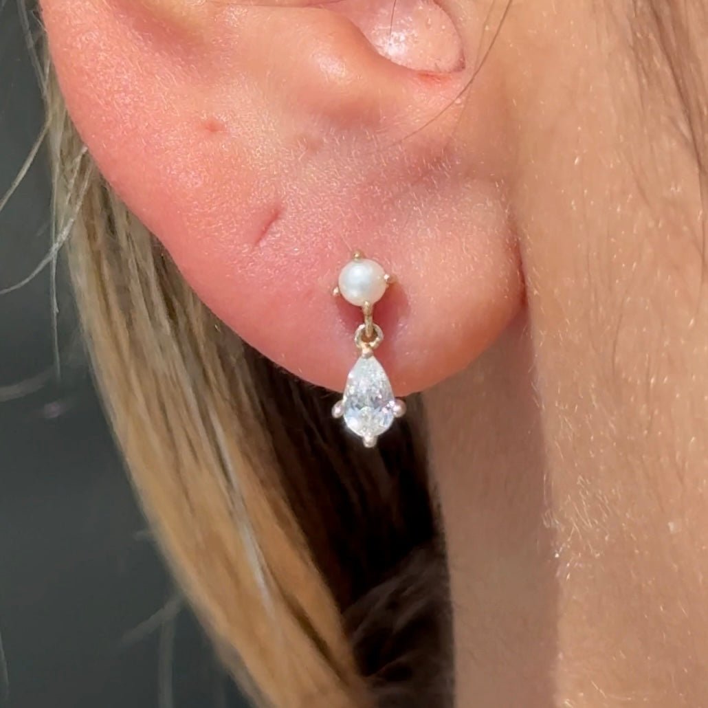 14K Yellow Gold Pearl & Marquise Drop Flat Back Stud Earrings - Elegant Dangle Earrings for Women, Perfect for Weddings, Parties & Everyday Wear