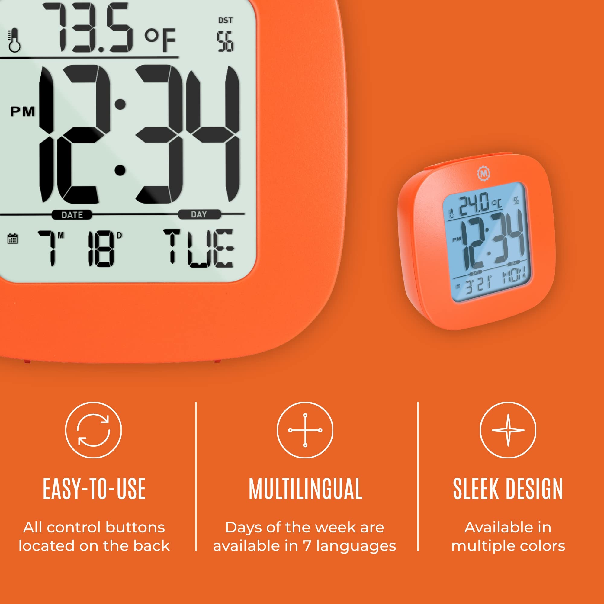Marathon Compact Alarm Clock with Temperature & Date Display - Large Easy-to-Read Backlit Screen, Simple Setup (Includes 2 AAA Batteries) - Perfect for Bedroom, Office, Travel & Nightstand Use