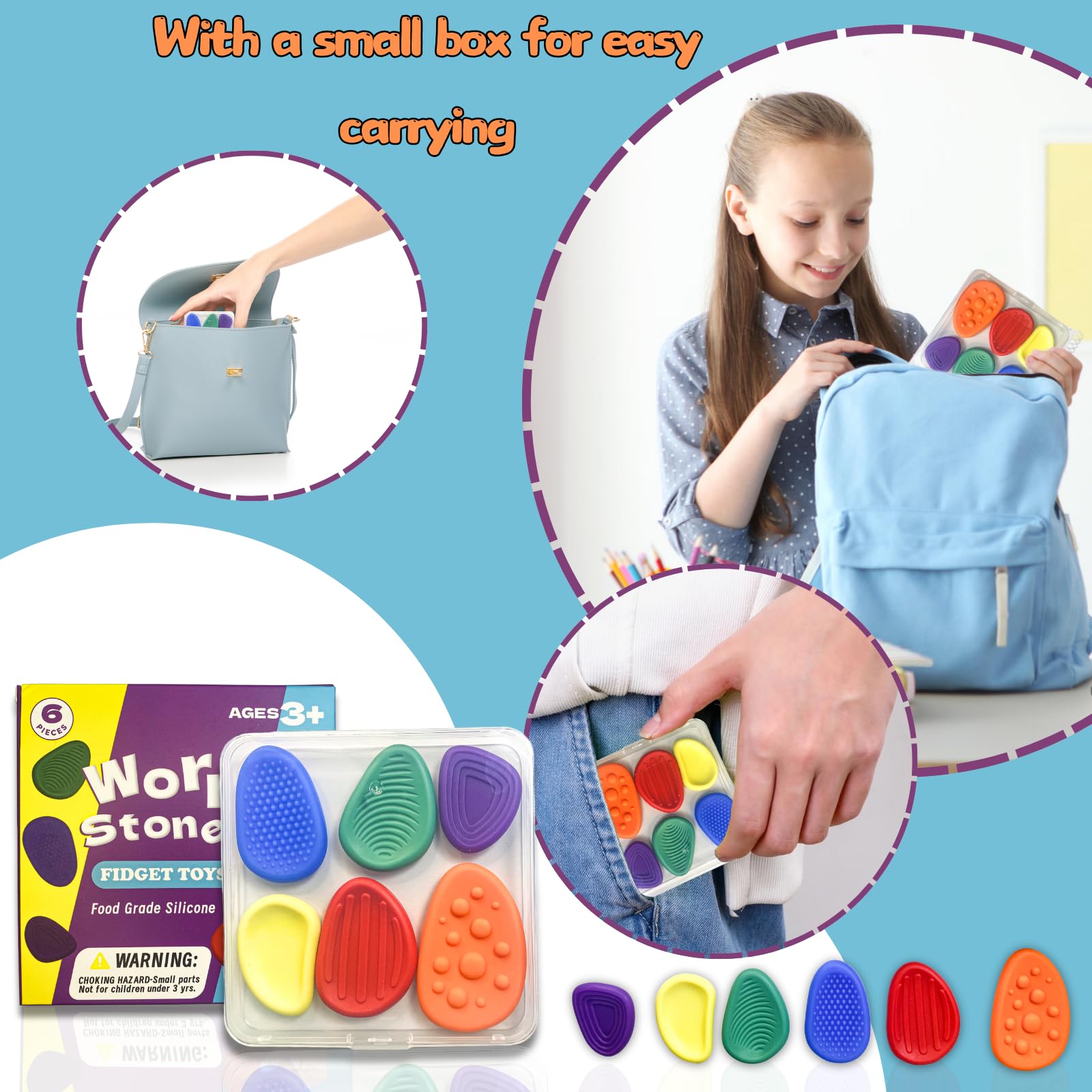 Sensory Fidget Stones Set - 6 Pack Soft Textured Anxiety Relief Toys for Autism, ADHD & Stress - Portable Worry Stones with Storage Box - Perfect for Classroom, Office & Travel - Calming Sensory Toys for Kids & Adults