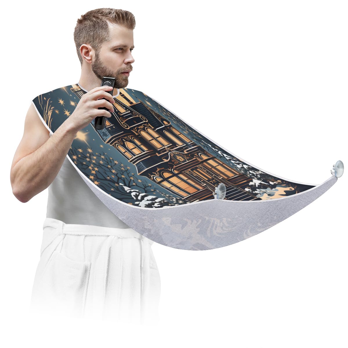 Men's Night Castle Pattern Beard Shaving Bib - Waterproof Hair Dye Apron for Barbers & Stylists - Sink Hair Catcher for Beard Trimming & Makeup - Perfect Gift for Grooming & Salon Use