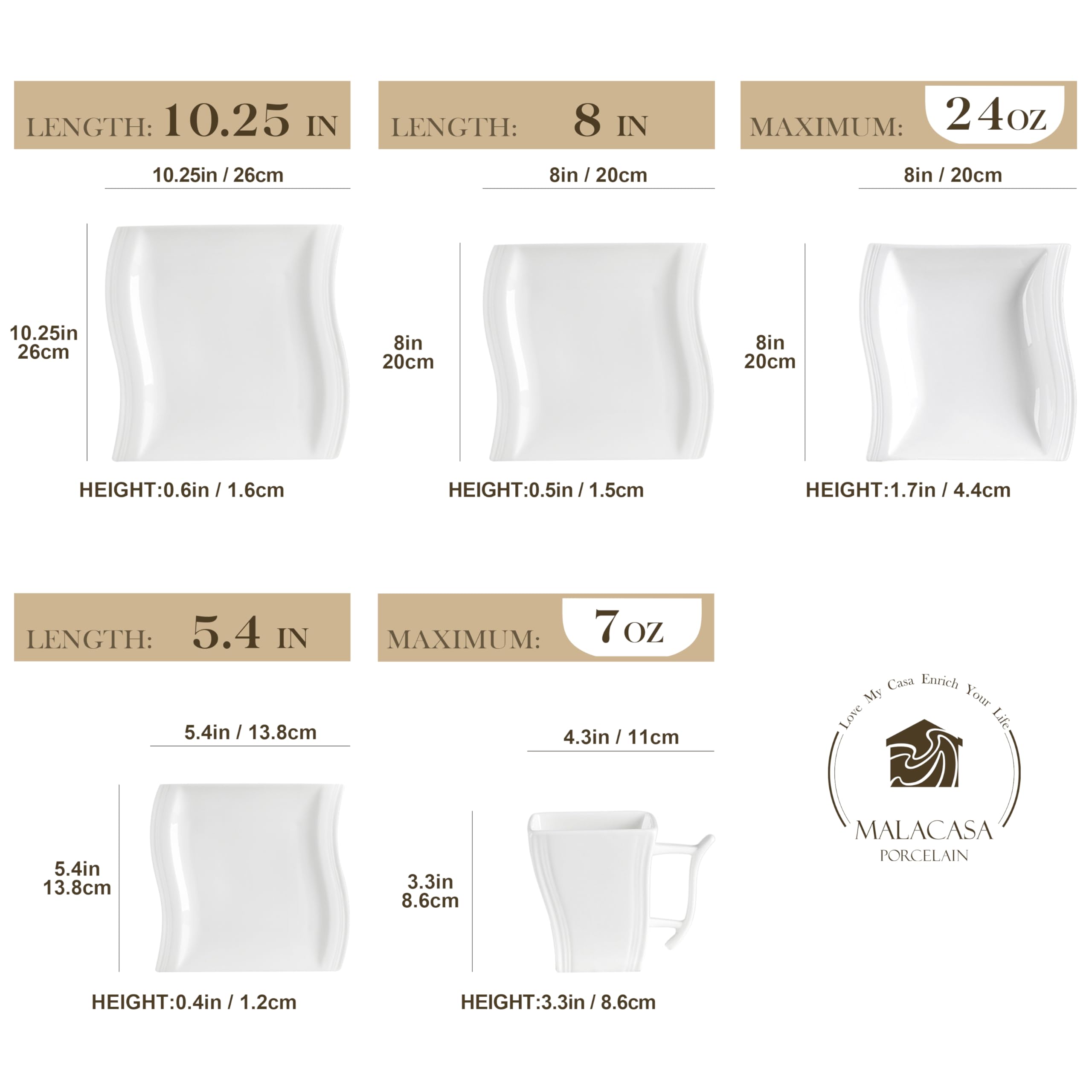 MALACASA 60-Piece Ivory White Porcelain Dinnerware Set for 12 - Dinner Plates, Bowls, Cups & Saucers, Square Dishes - Flora Series | Elegant Table Setting for Weddings, Holidays & Fine Dining