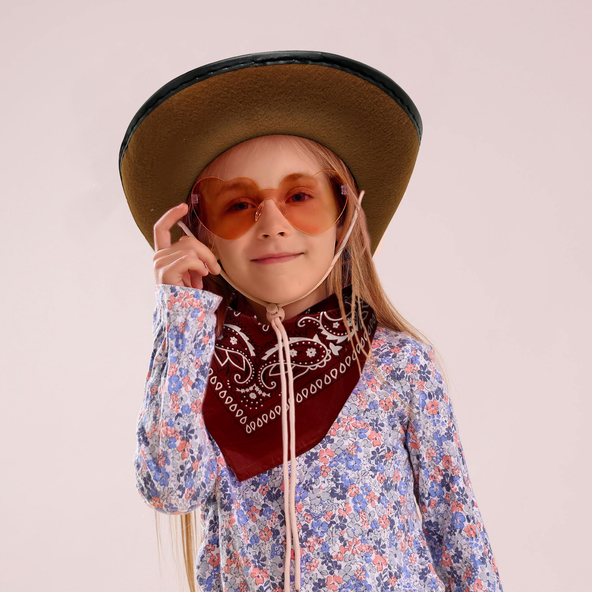 Brown Cowgirl Hat for Girls - Western Cowboy Hat with Heart-Shaped Bandana & Sunglasses - Perfect for Birthday Parties, Rodeo Events, and Country-Themed Outfits