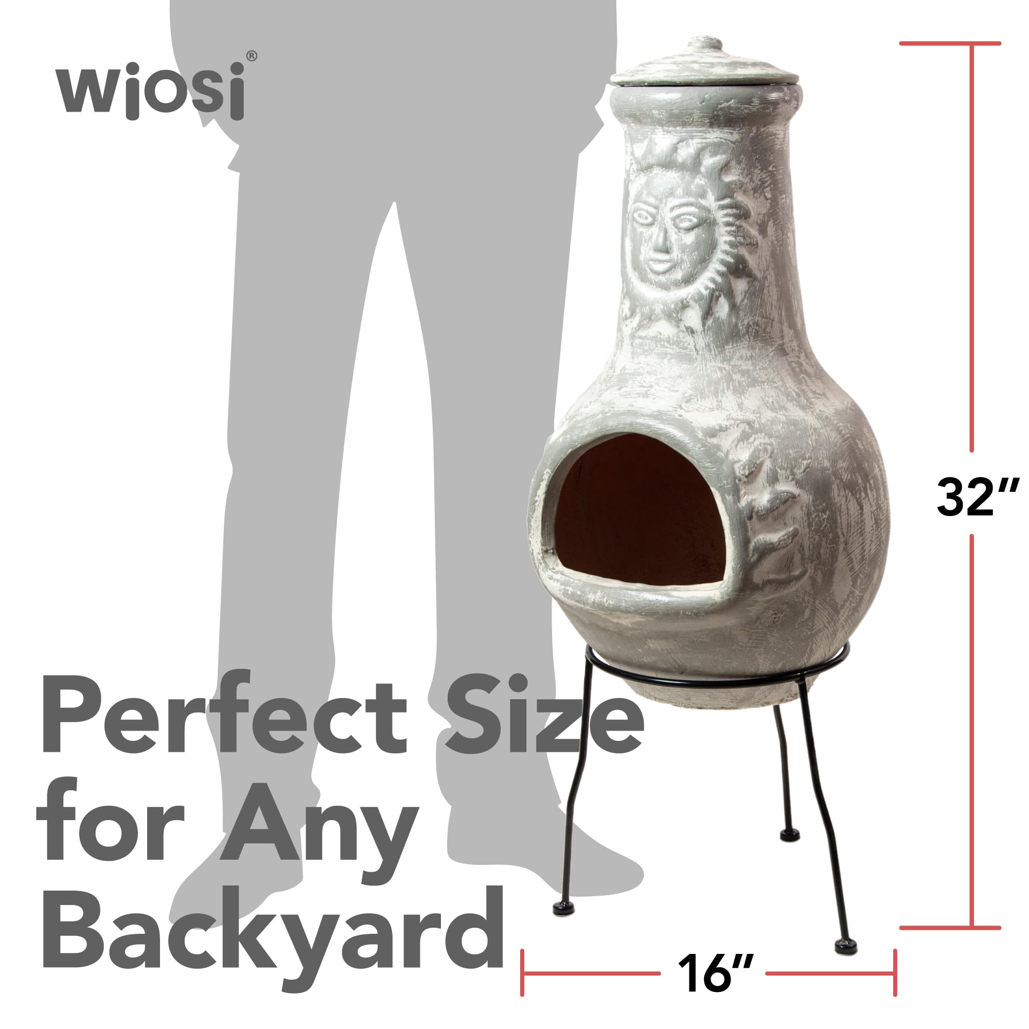 Wiosi Medium Grey Clay Chiminea Outdoor Fireplace with Chimney Rain Lid & Metal Stand - 16x16x32 Inch Rustic Terracotta Chimenea for Patio, Garden, Backyard, Camping & Outdoor Gatherings
