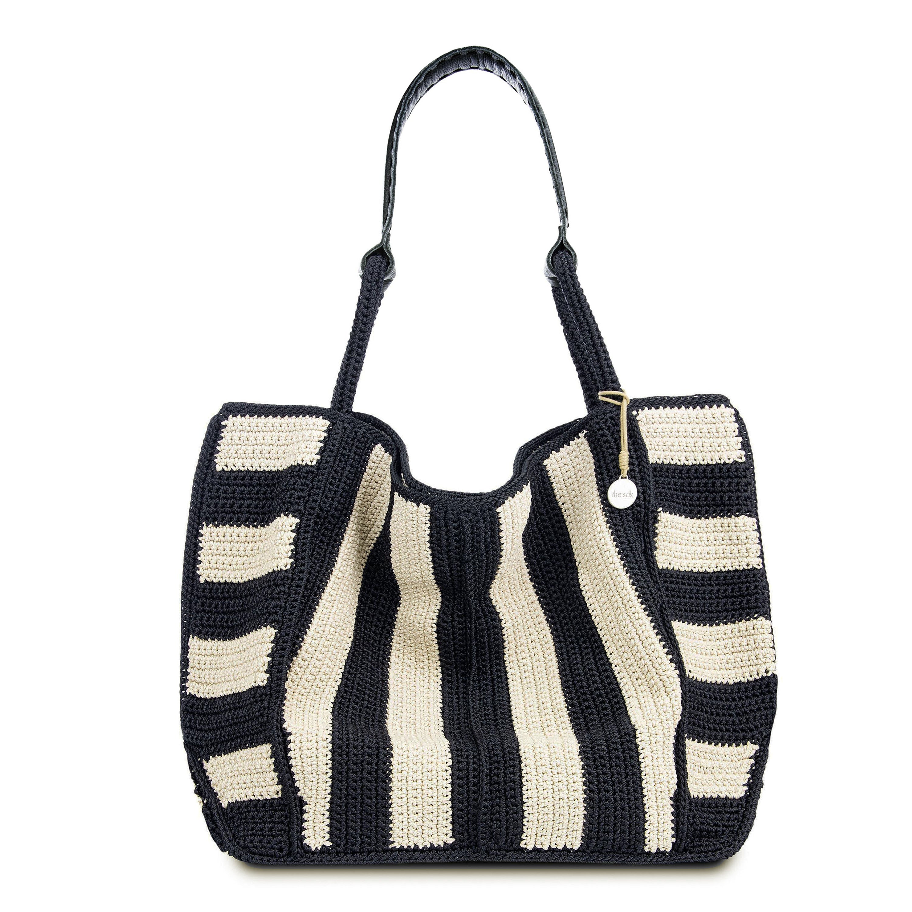 Los Feliz Large Hand Crochet Tote Bag - Black Stripe Design - Perfect for Beach, Shopping & Everyday Use