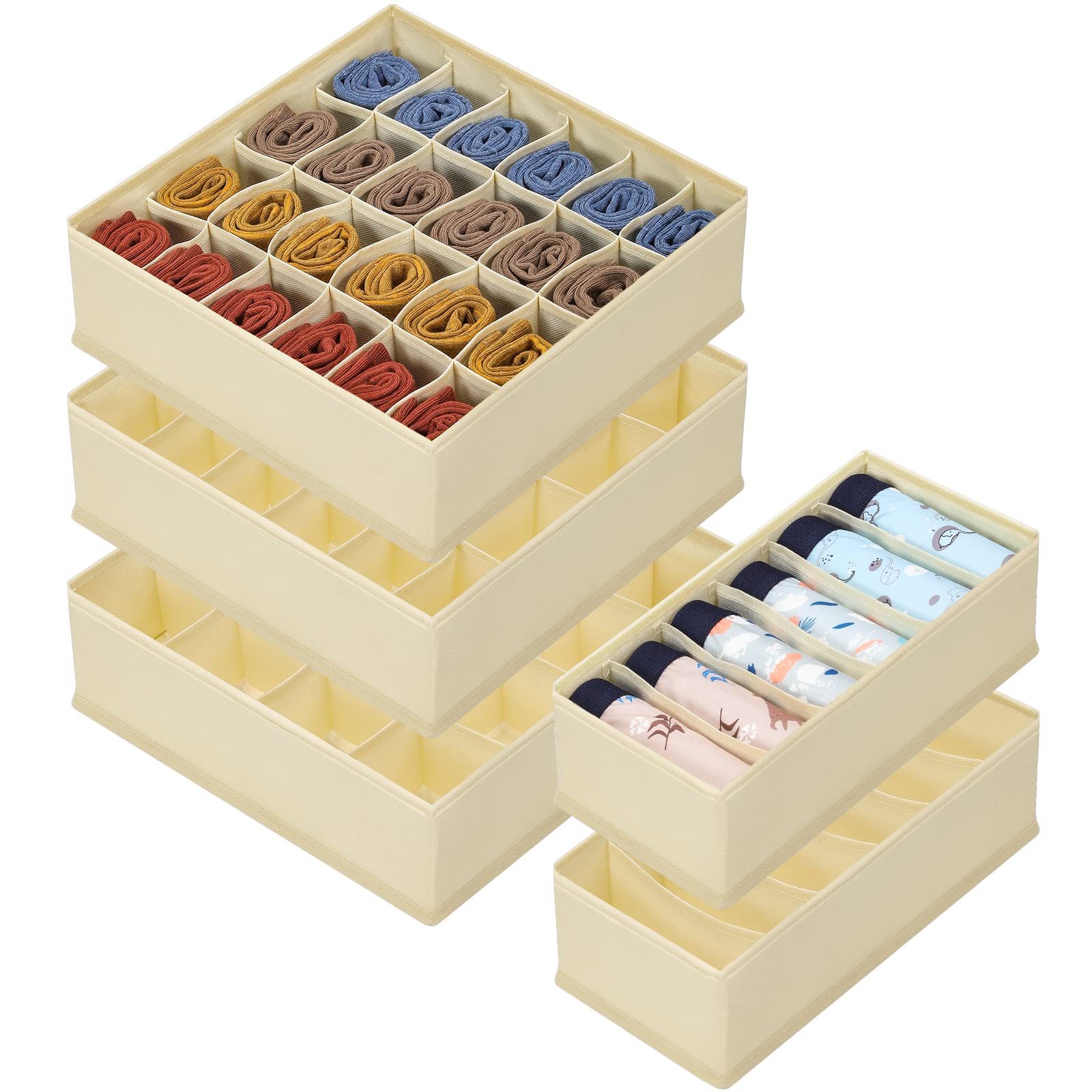 5 Pack Foldable Fabric Drawer Organizers - Sock & Underwear Storage Box, Dresser Closet Dividers for Baby Clothes, Undies, Handkerchiefs, Ties | Beige | Bedroom Cabinet Organization & Space Saving Solution