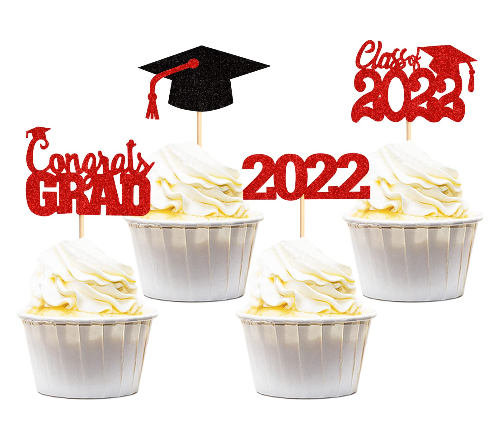 24 Pack Class of 2022 Graduation Cupcake Toppers - Congrats Grad Cake Decorations, Red Food Picks for Graduation Party Supplies (Perfect for High School & College Graduation Celebrations)