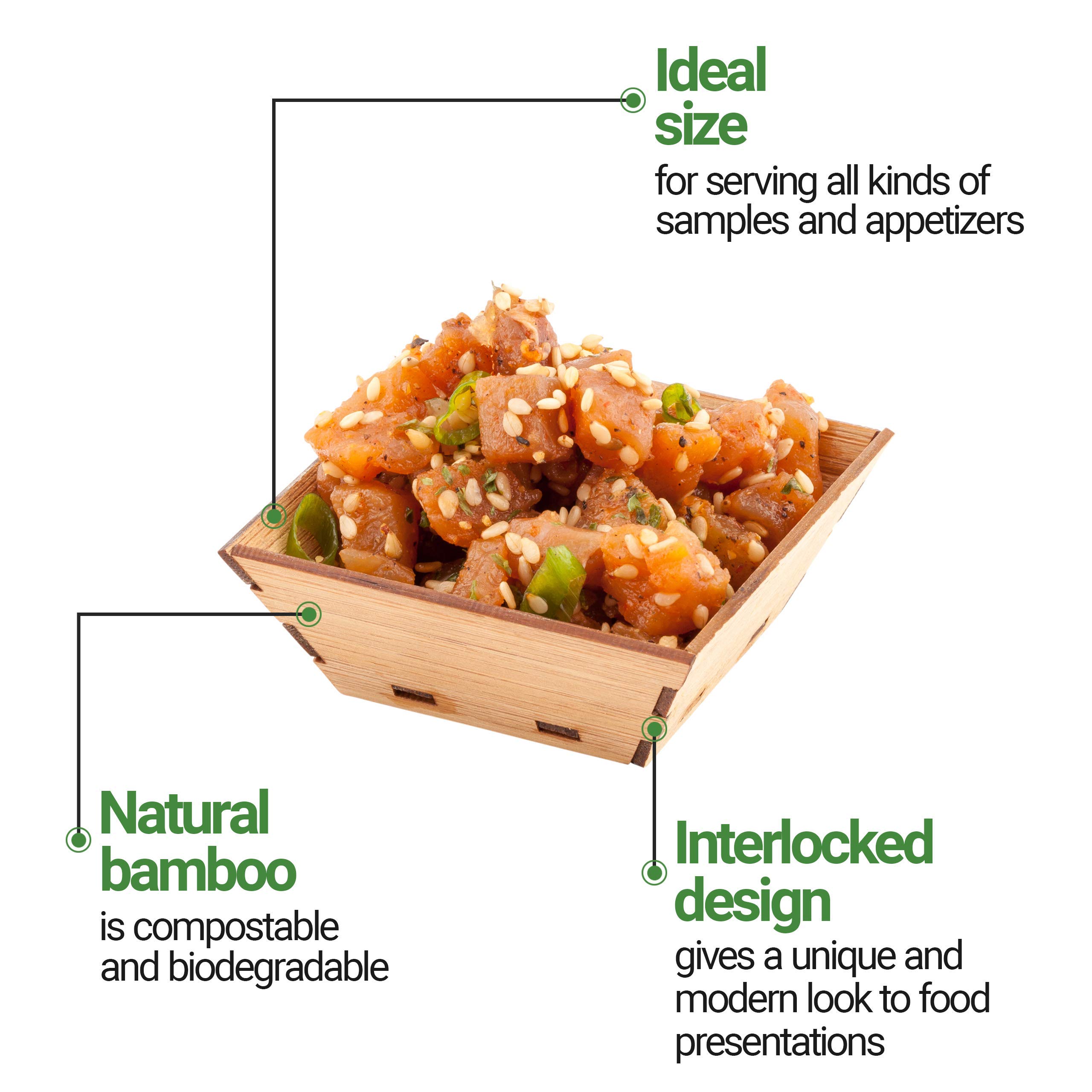 1.5 oz Square Mini Appetizer & Dessert Cups - 100-Pack Eco-Friendly Disposable Bamboo Tasting Bowls for Snacks, Samples, Catering & Party Plating