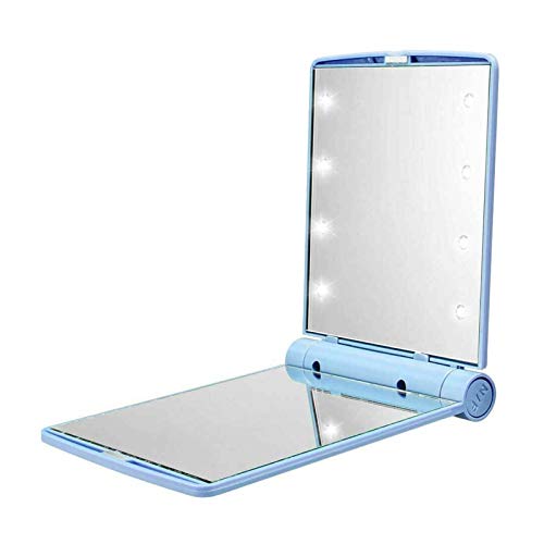 Portable Folding Makeup Mirror with 8 LED Lights - ABS Plastic Cosmetic Mirror for Women, Travel & Home Use (Blue) - Perfect for Vanity, Dorm Room & Traveling