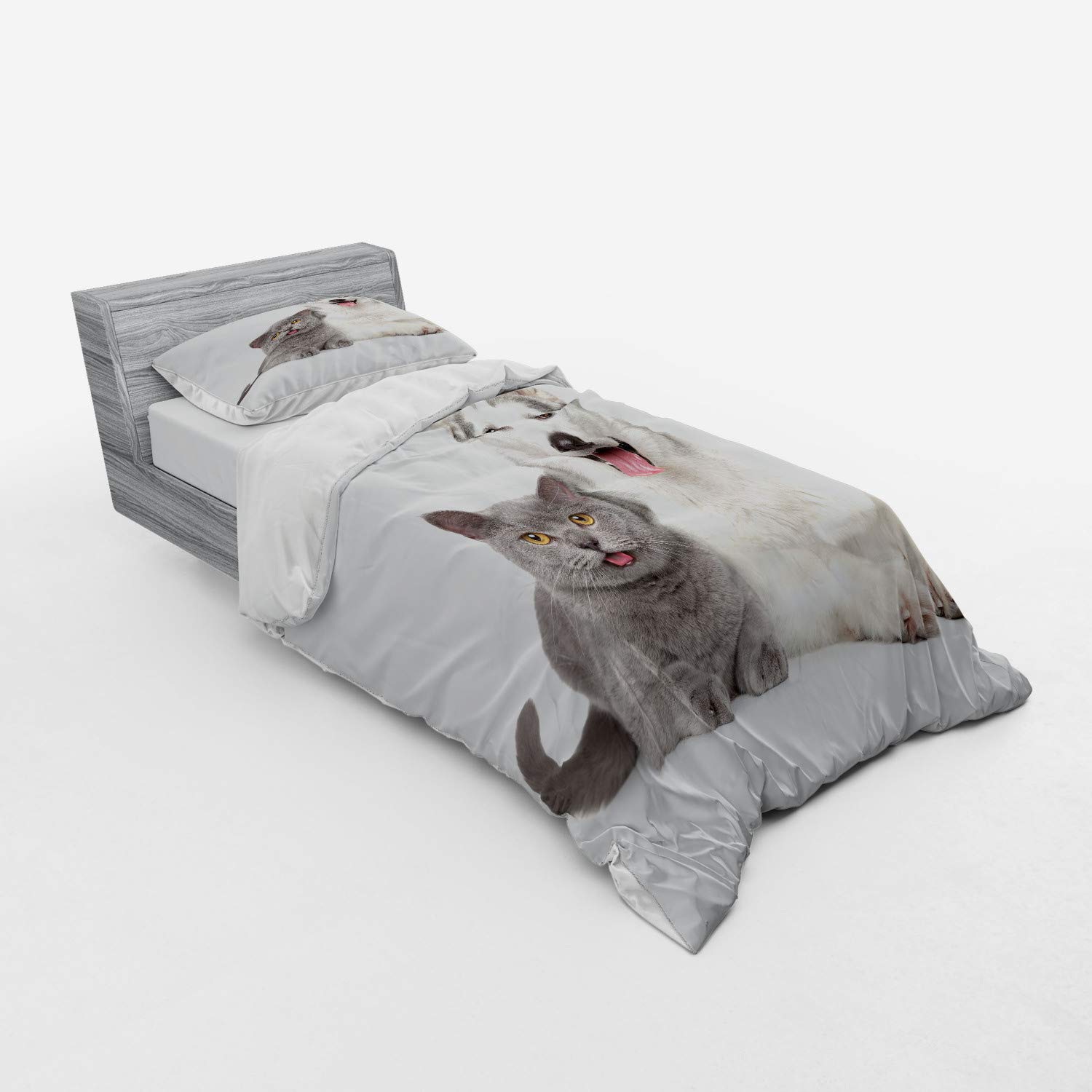 Ambesonne Cat and Dog Duvet Cover Set - 3 Piece Twin XL Size, White & Grey Animal Print Bedding with Pillow Sham & Fitted Sheet - Cozy Pet Lover's Bedroom Decor for Kids Rooms, Guest Bedrooms & Dorm Essentials