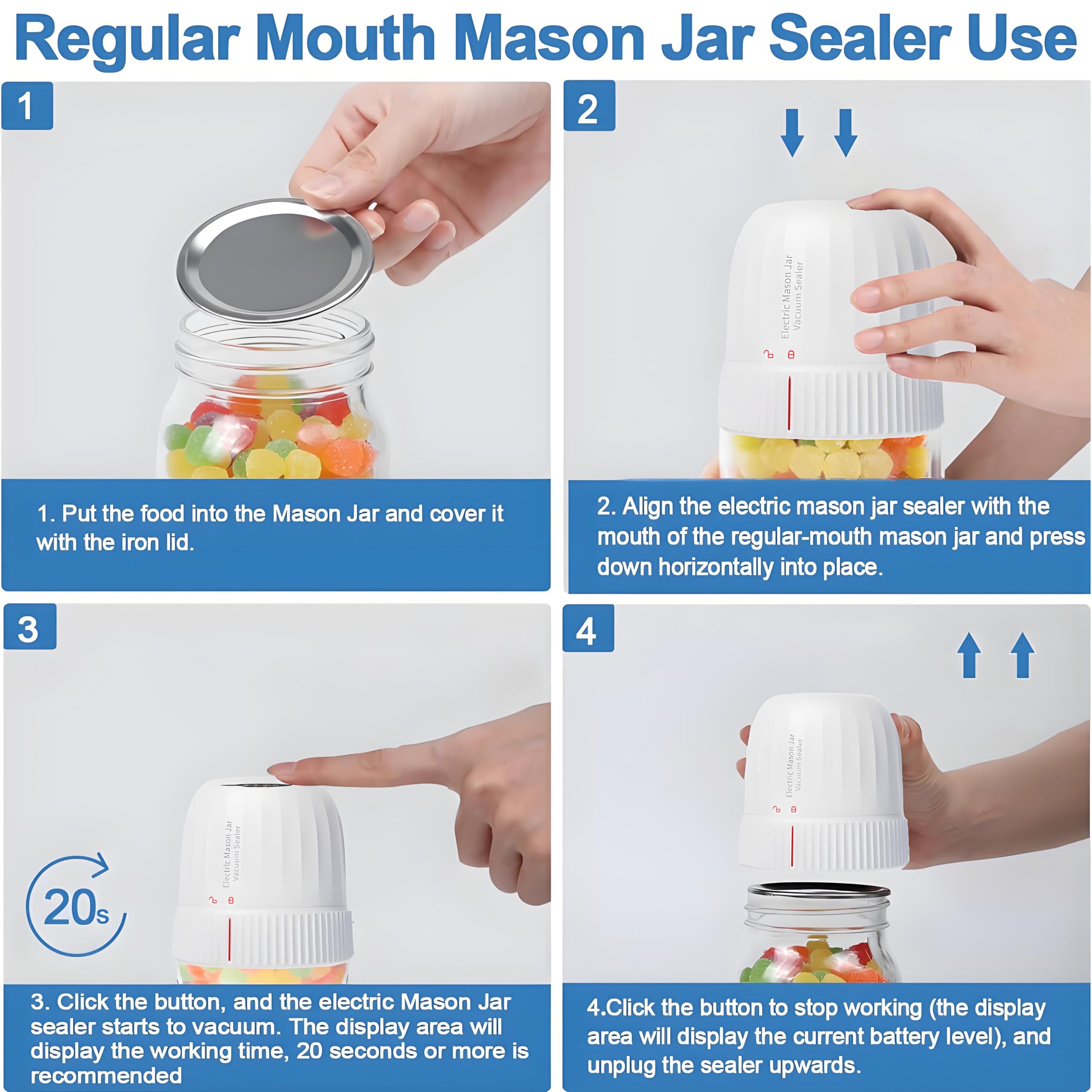 Upgraded 3-in-1 Electric Mason Jar Vacuum Sealer Kit - Wide Mouth & Regular Jar Sealer with Super Suction for Food Preservation | Perfect for Canning, Meal Prep & Long-Term Food Storage (White)