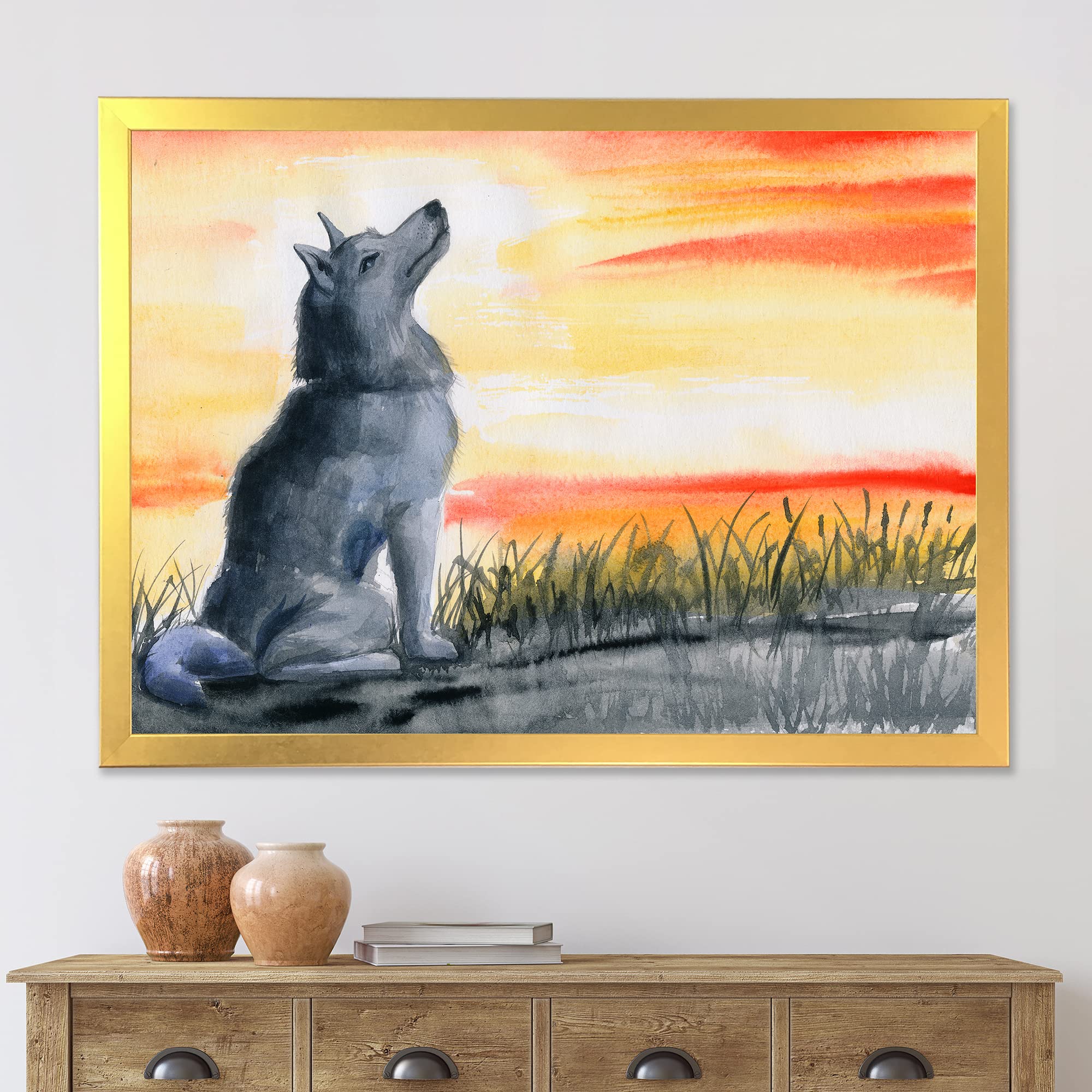 DesignQ Grey Wolf Howling at Moon Framed Wall Art - Traditional Nature Wildlife Decor for Living Room, Bedroom & Office