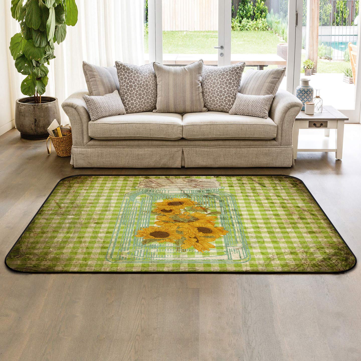 4' x 6' Modern Large Area Rugs - Blooming Sunflowers Vintage Green Buffalo Plaid Throw Carpet for Nursery, Kids Room, Living Room & Bedroom | Indoor Outdoor Floor Covering for Home Decor & Cozy Spaces