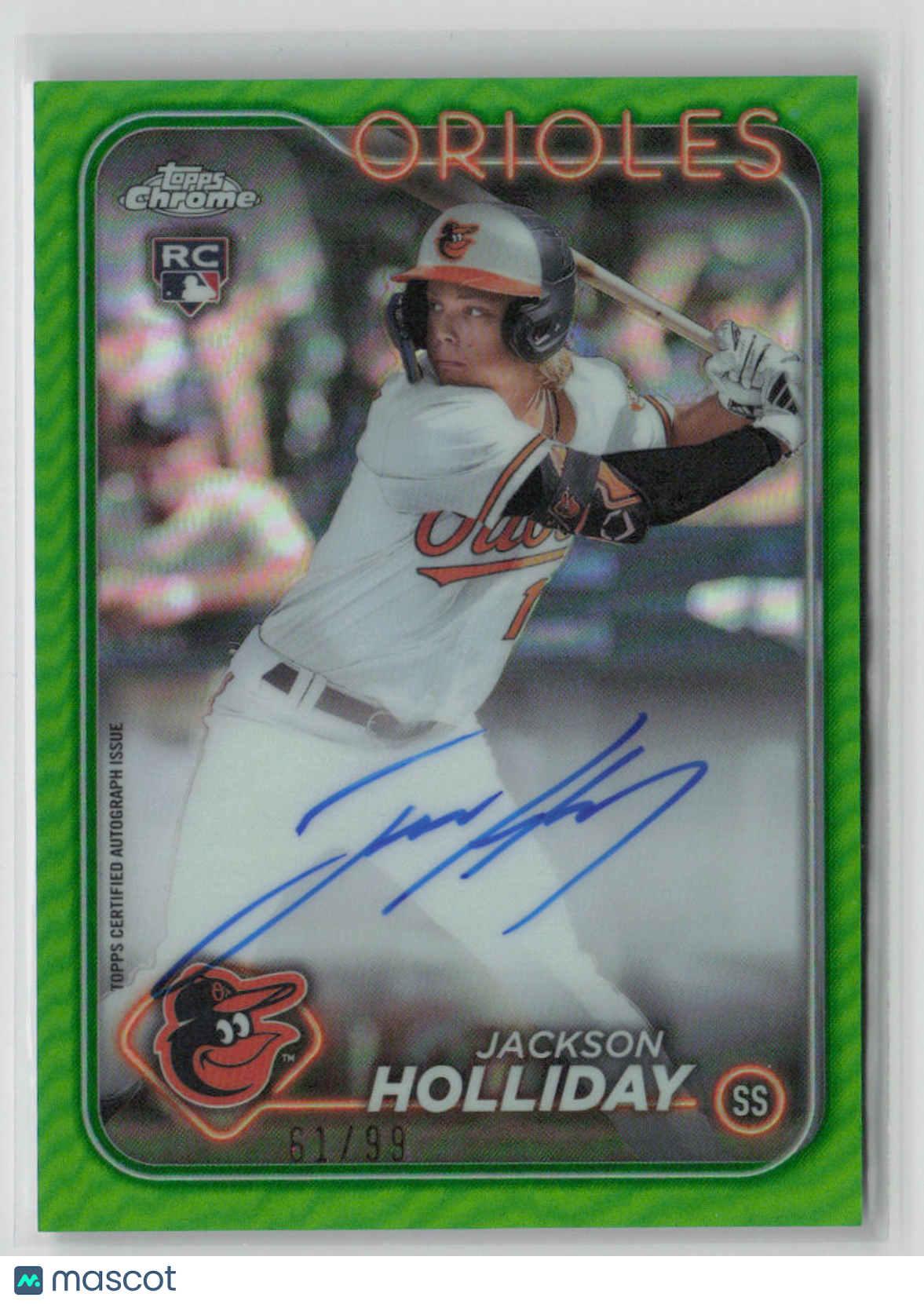 2024 Topps Chrome Jackson Holliday 61/99 Green Rookie Auto #RA JH - Rare Baseball Card for Collectors & Sports Memorabilia Enthusiasts