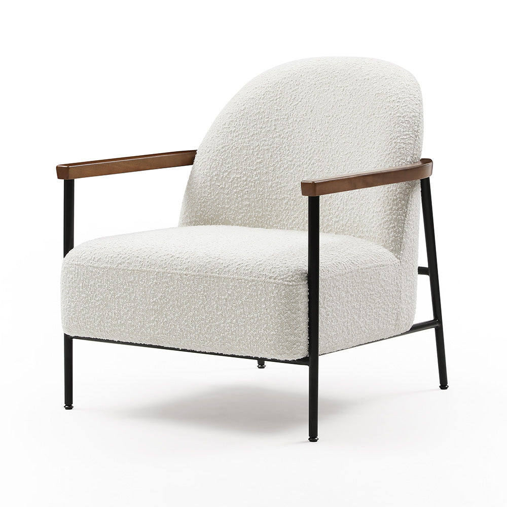 KAZAN Modern Lounge Chair - Off White Fabric, Walnut Wood & Black Metal Accents - Comfortable Reading Chair for Living Room, Bedroom or Office