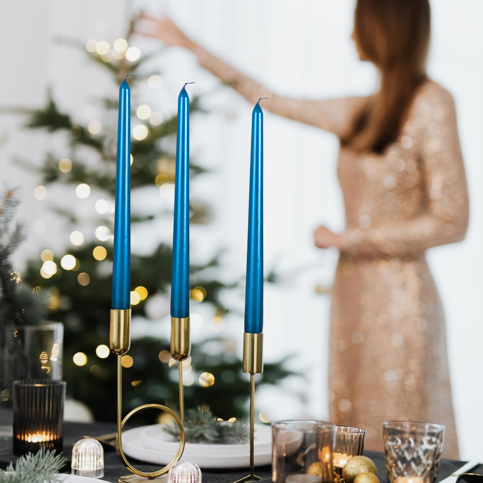 4-Pack 10-Inch Blue Metallic Spiral Taper Candles - Dripless Unscented Dinner Candles for Romantic Dining, Wedding Decor, Holiday Centerpieces & Home Ambiance Lighting (4 Pieces)