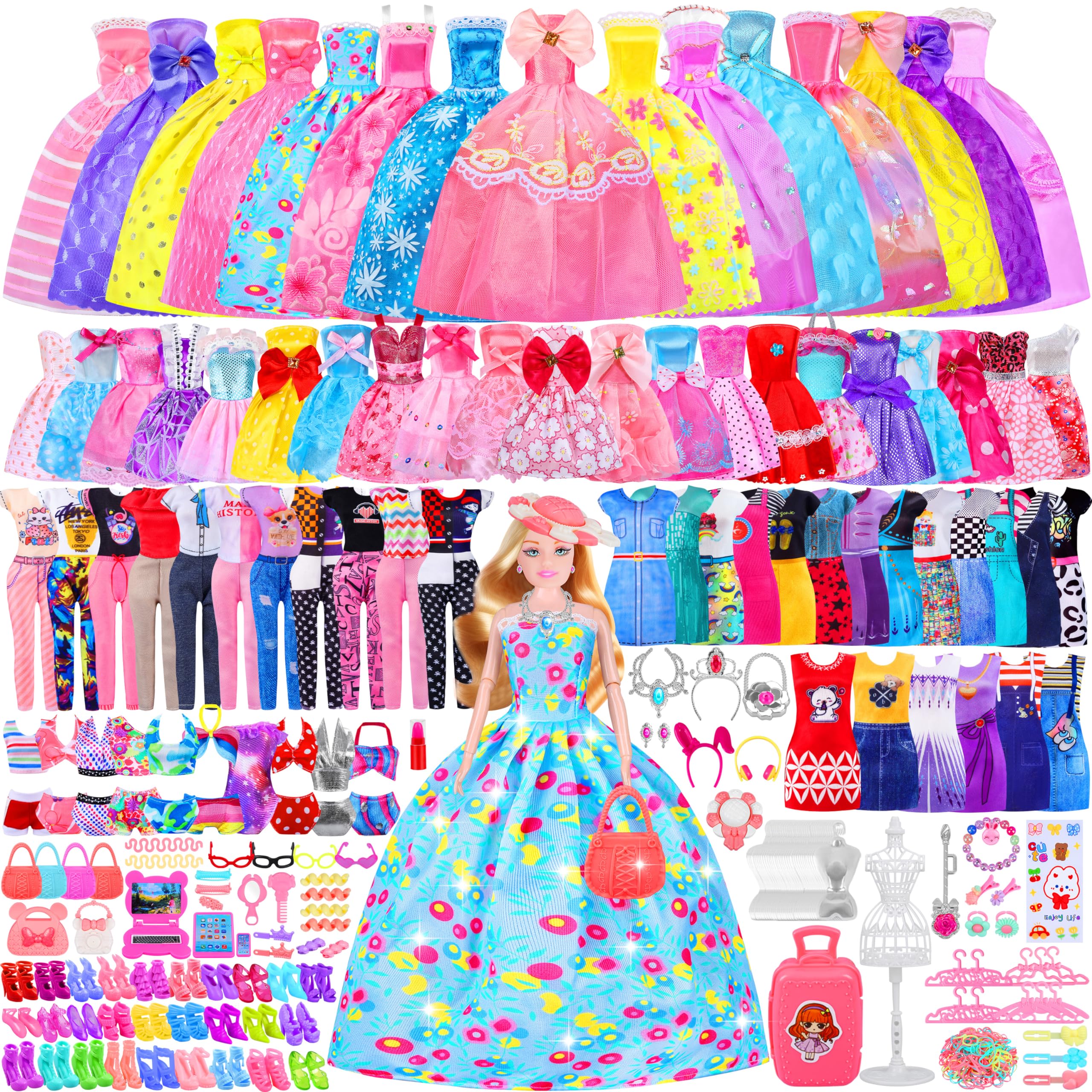 342 Pcs Doll Clothes & Accessories Set - Princess Gowns, Fashion Dresses, Tops, Pants, Swimsuits, Shoes & Hangers | Complete Doll Playset Dress Up Toy for Girls & Toddlers | Perfect Gift for Birthday, Christmas & Pretend Play