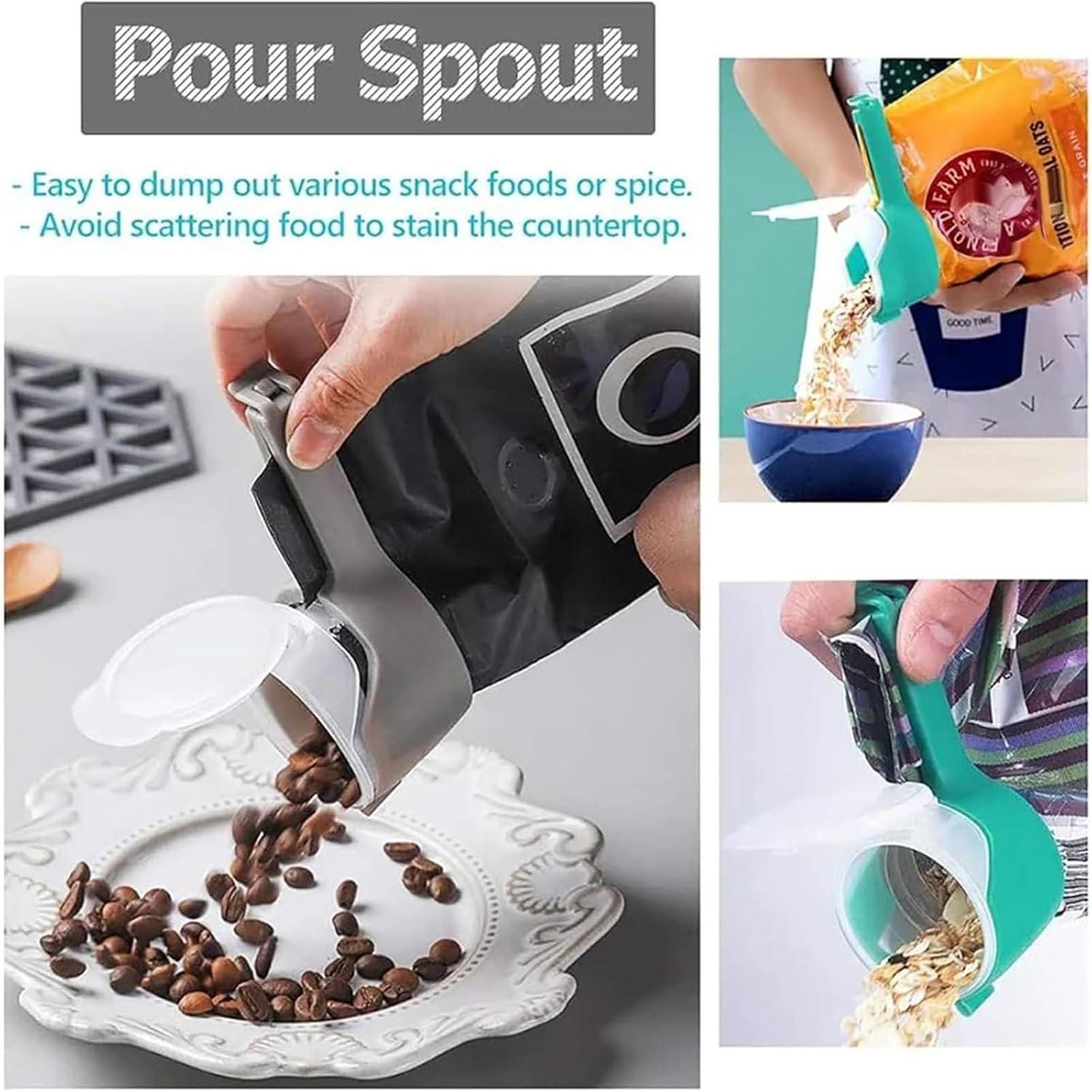 5-Pack Orange Snack Bag Clips with Pour Spouts - Reusable Food Storage Sealing Clips for Chips, Cereal, Flour & Dry Goods - Perfect for Kitchen Pantry Organization & Mess-Free Pouring
