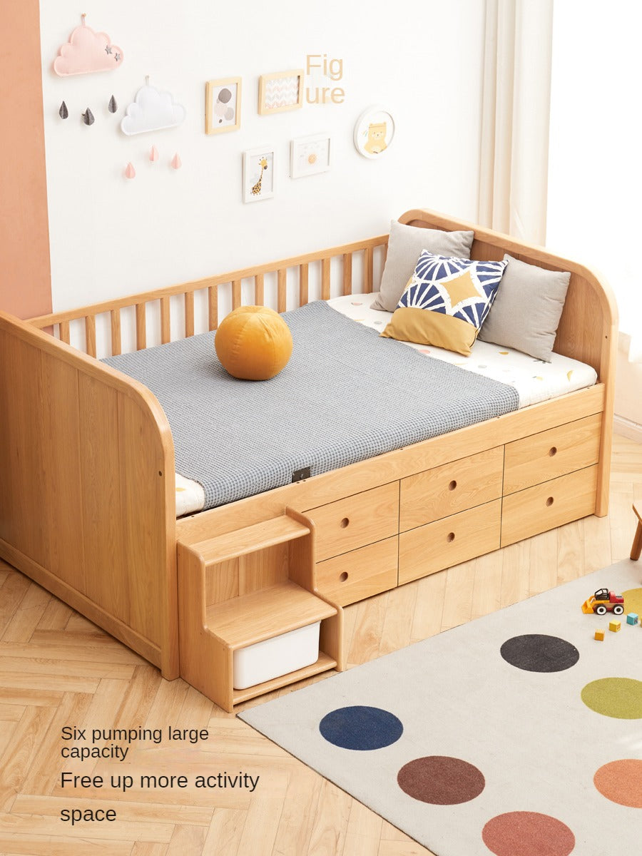Solid Oak Wood Multi-Function Storage Bed with Wide Underbed Drawers - Perfect for Bedroom Organization & Small Space Living