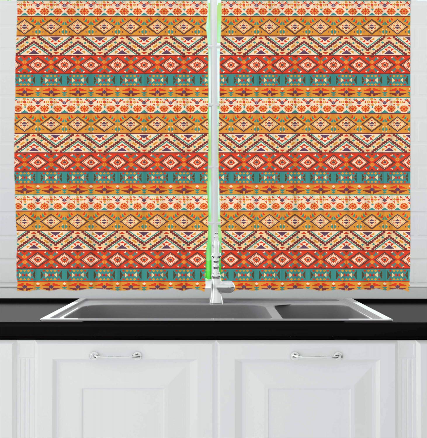 Ambesonne Aztec Kitchen Curtains Set of 2 Panels - Native Folk Pattern with Funky Earth Tones, Ornamental Cultural Design for Window Drapes, 55
