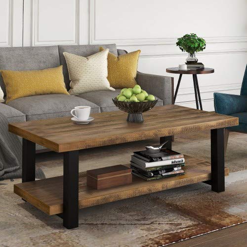 Rustic Natural Wood Coffee Table - Brown Solid Wood Living Room Table for Farmhouse, Cottage & Modern Home Decor