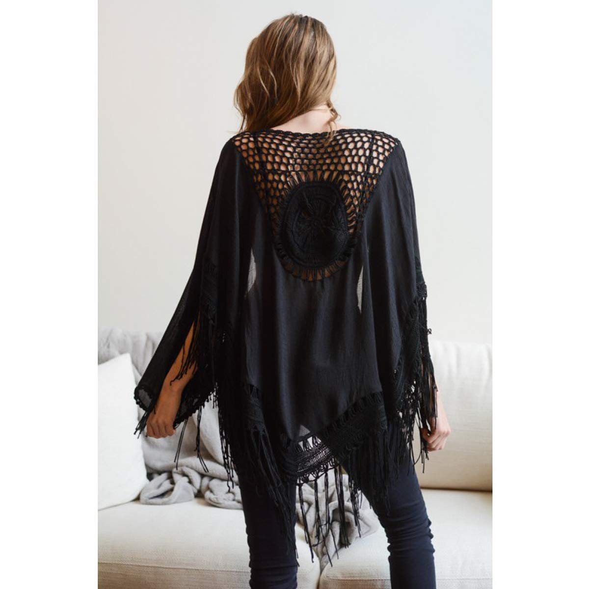 Women's Floral Crochet Lace Beach Cover Up - Boho Kimono Cardigan with Medallion Tassel Details | Perfect for Poolside, Vacation & Summer Outfits