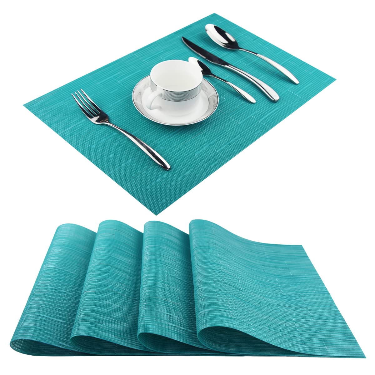 PIGCHCY Heat Resistant Placemats Set of 4 - Durable Washable Woven Vinyl Table Mats for Kitchen & Dining (18x12 Inches, Turquoise) - Perfect for Everyday Meals, Dinner Parties & Home Decor