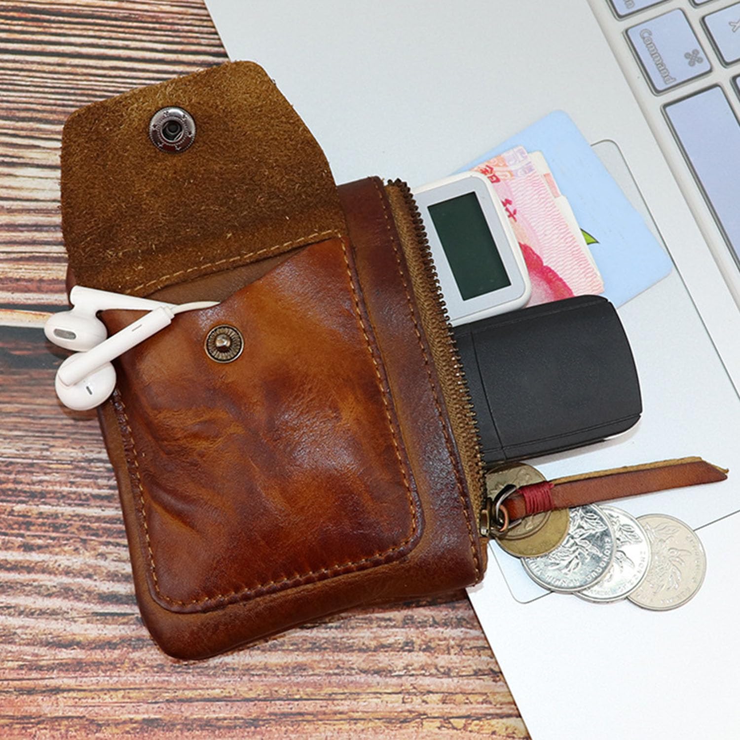Genuine Leather Zipper Coin Purse for Men & Women - Vintage Mini Coin Wallet with Zipper Closure - Small Leather Change Pouch Holder (Yellow Brown) - Perfect for Organizing Coins, Keys & Small Essentials On-the-Go