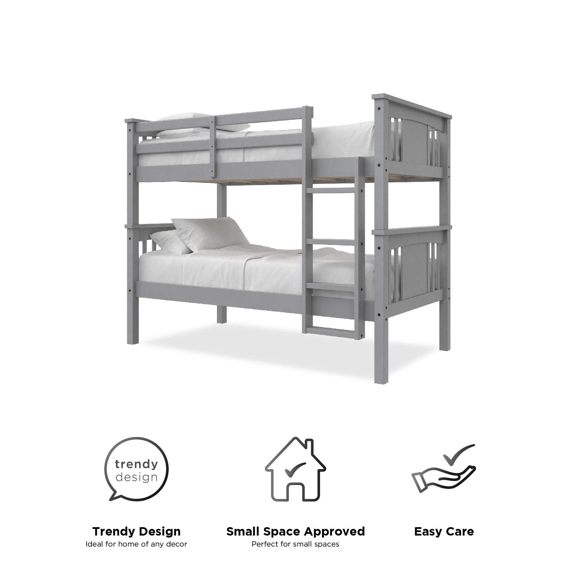 DHP Dylan Wood Twin Over Twin Bunk Bed with Ladder, Grey - Space-Saving Kids Bedroom Furniture for Siblings or Sleepovers