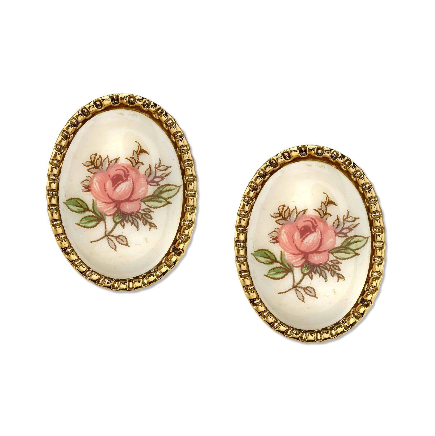 Vintage 1928 Jewelry Ivory Floral Oval Button Earrings for Women - Perfect for Weddings, Parties & Everyday Elegance
