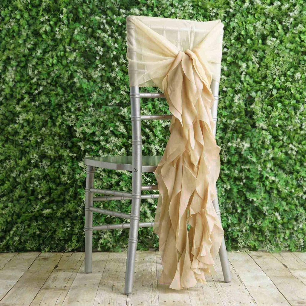 50 Premium Champagne Curly Chiffon Chair Covers with Sashes - Elegant Wedding, Party & Reception Decorations for Ceremonies, Banquets & Special Events