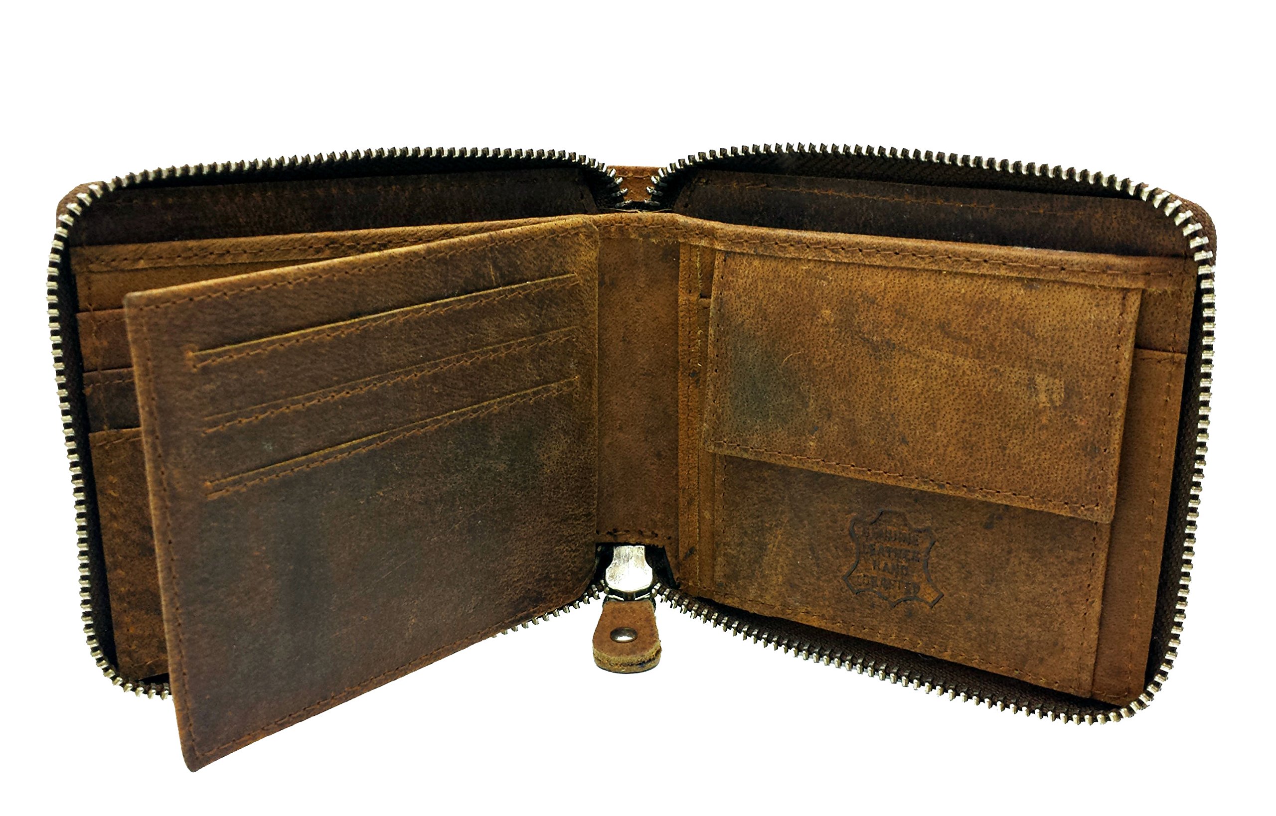 J. Wilson London RFID Blocking Men's Genuine Leather Zip Around Wallet with Coin Pocket - Distressed Brown - Gift Box Included | Secure Travel & Everyday Use Wallet for Credit Cards & Cash