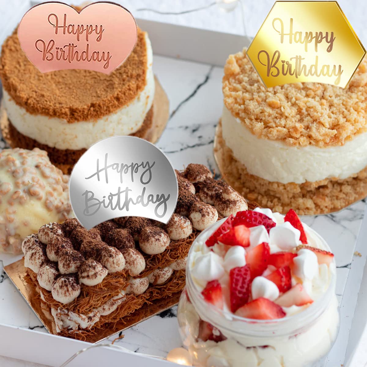 30 PCS Happy Birthday Cake Toppers - Mini Acrylic Cupcake Decorations, Mirror Heart Round Hexagon Engraved Charms for DIY Cake Decorating | Perfect for Birthday Parties, Baby Showers & Wedding Celebrations