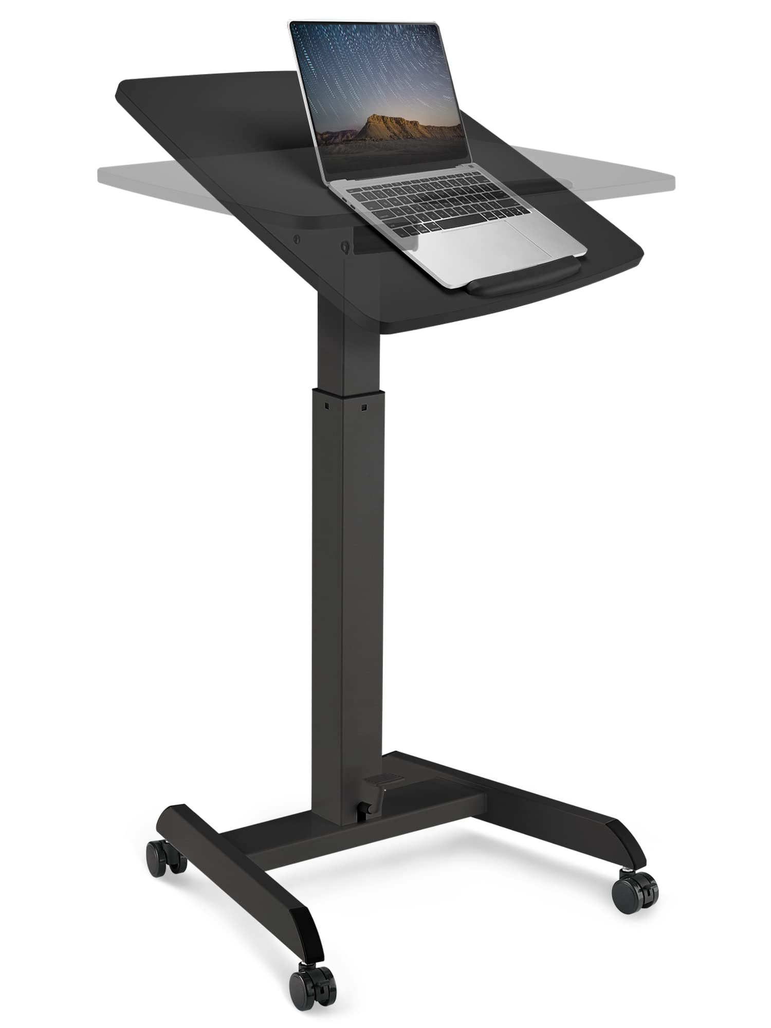 Adjustable Mobile Podium Stand with Wheels - Pneumatic Standing Desk & 30° Tilting Top, Portable Lectern for Office, Classroom & Home Use - Ideal for Presentations, Meetings & Computer Work (Black)