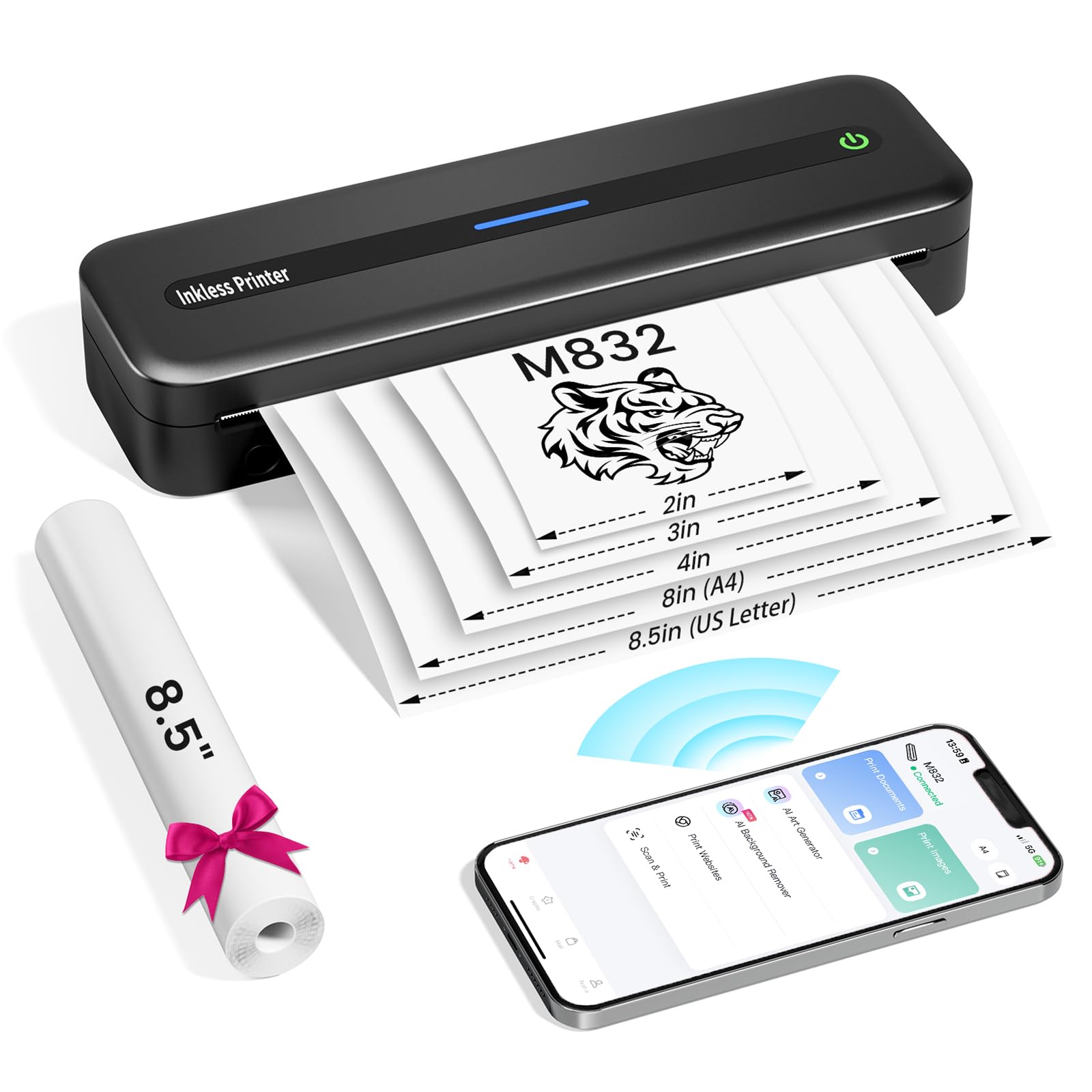 Portable Thermal Printer - Wireless M832 Printer for Travel, Phone & Laptop - Inkless Printing for Office, Home & Car - Supports 8.5x11