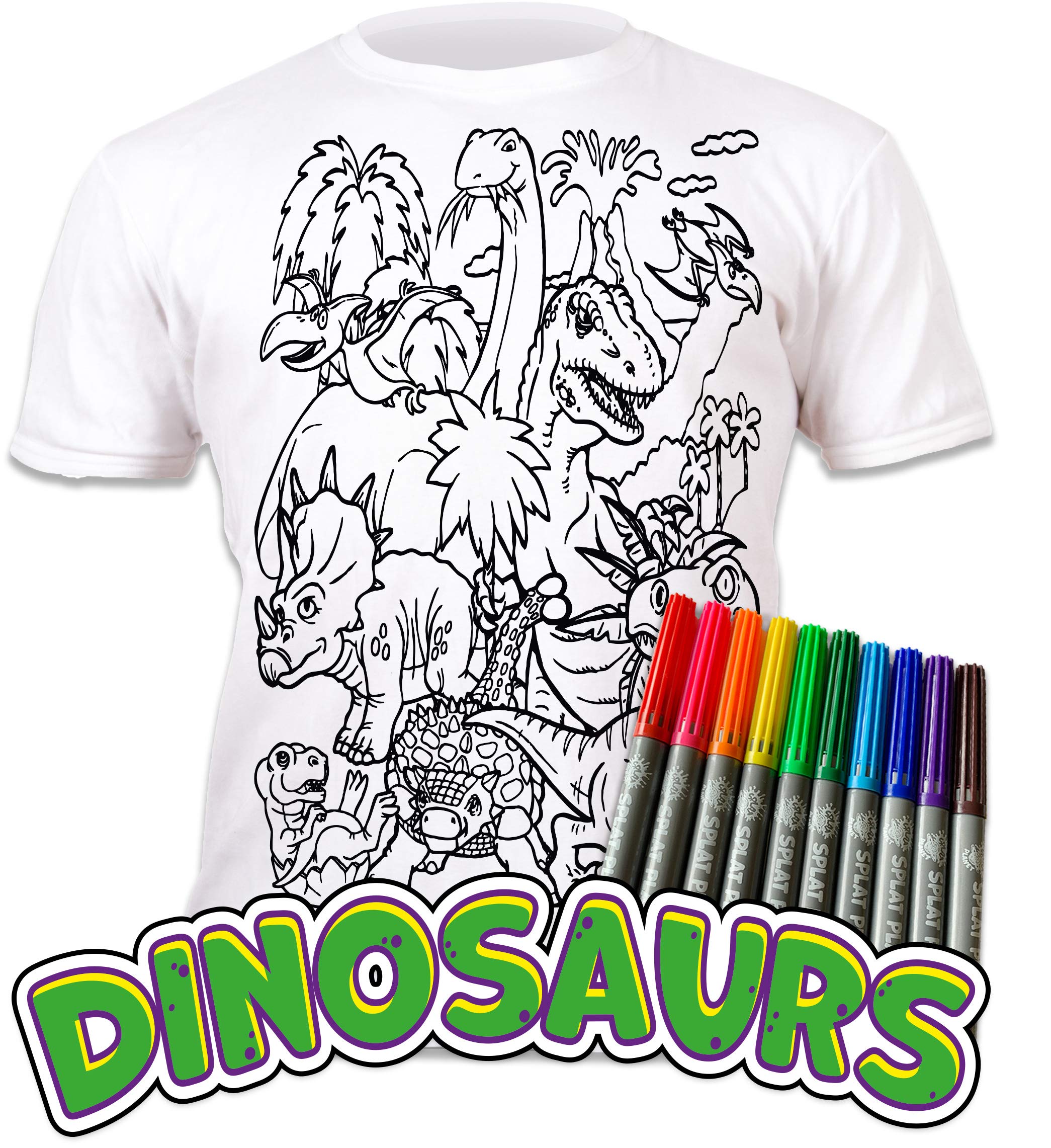 Dinosaur T-Rex Coloring T-Shirt with 10 Non-Toxic Washable Magic Pens - Reusable Kids Art Activity (Ages 3-4) - Perfect for Birthday Gifts, Creative Play & Preschool Learning