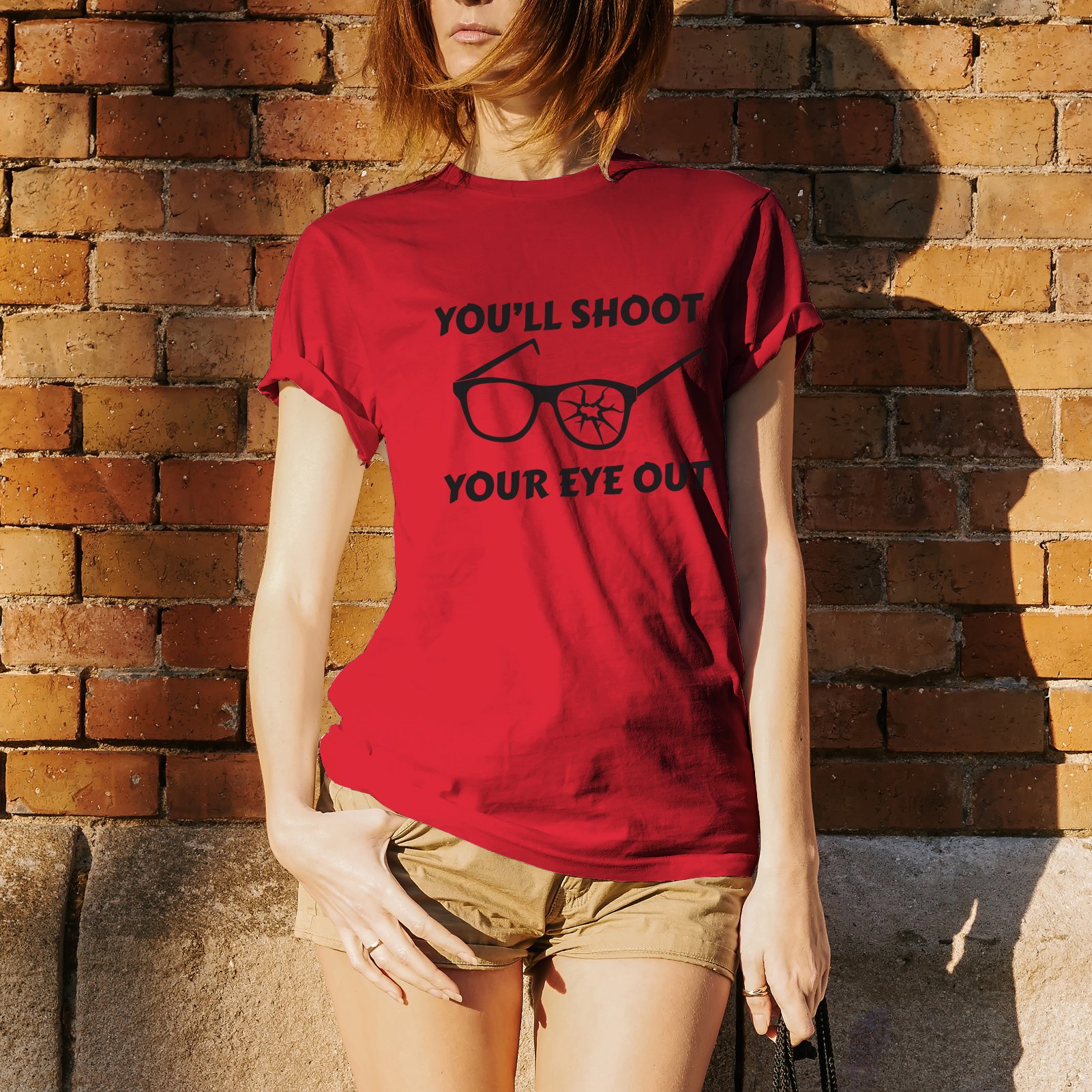 Funny Christmas Holiday BB Gun Glasses T-Shirt | 'You'll Shoot Your Eye Out' Quote | Festive Ugly Sweater Party & Family Gift Idea