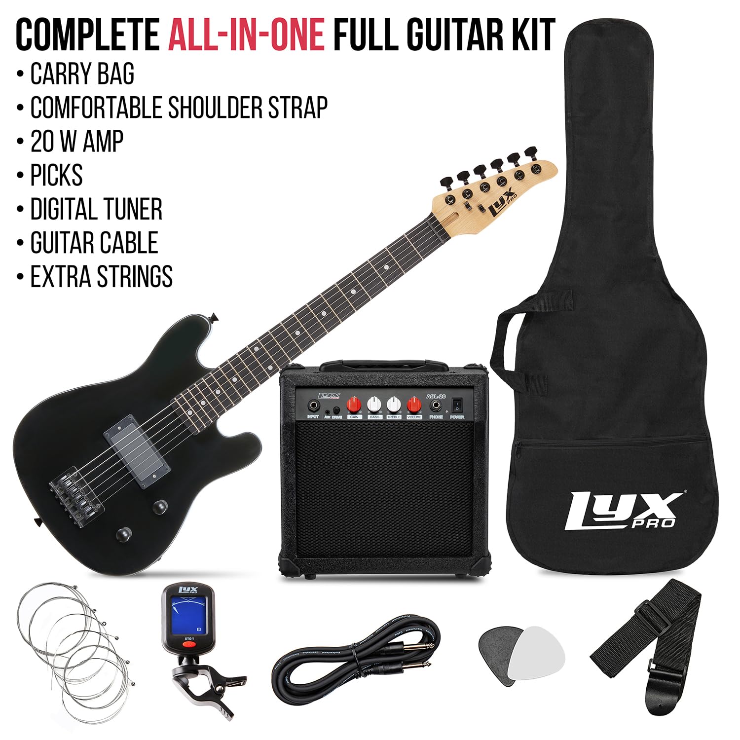 LyxPro 30 Inch 3/4 Size Electric Guitar Starter Kit for Kids & Beginners - Includes Amp, 6 Strings, 2 Picks, Shoulder Strap, Digital Tuner, Cable & Gig Bag (Black) - Perfect for Learning, Practice & Home Performances