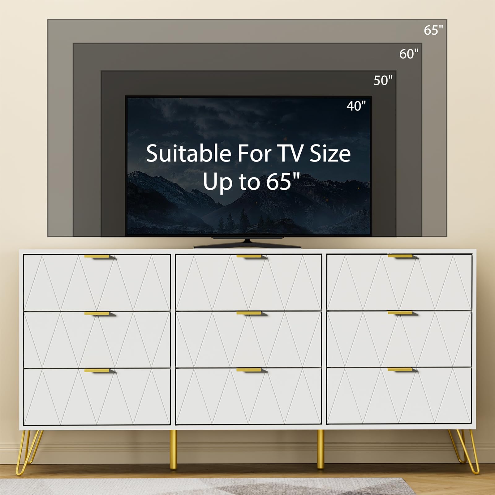 Anbuy 9-Drawer Dresser and Nightstand Set for Bedroom - 3-Piece White Wooden Storage Combo with 2 Nightstands | Perfect for Master Bedroom, Guest Room & Apartment Furniture